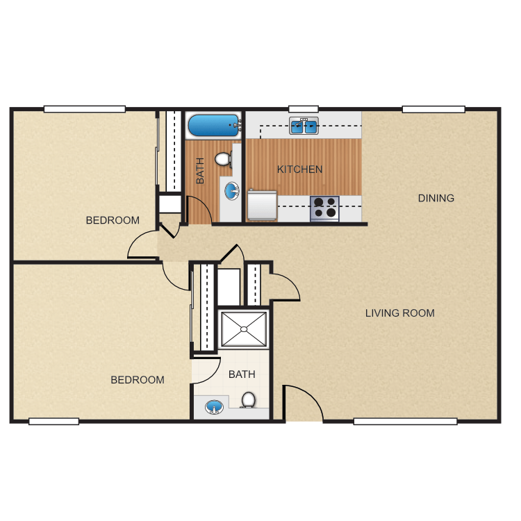Plan I, a 2 bedroom 1.5 bathroom floor plan.