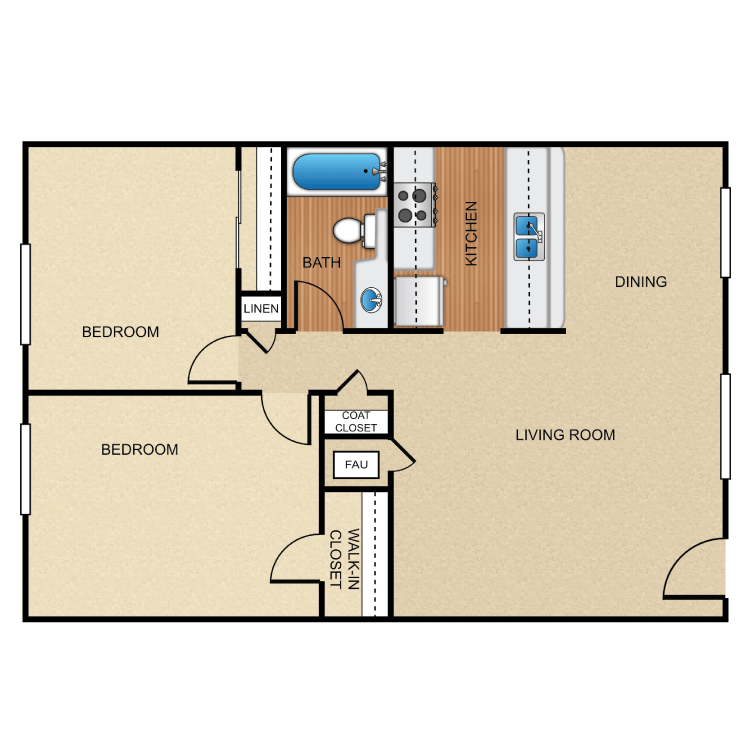 Plan E, a 2 bedroom 1 bathroom floor plan.