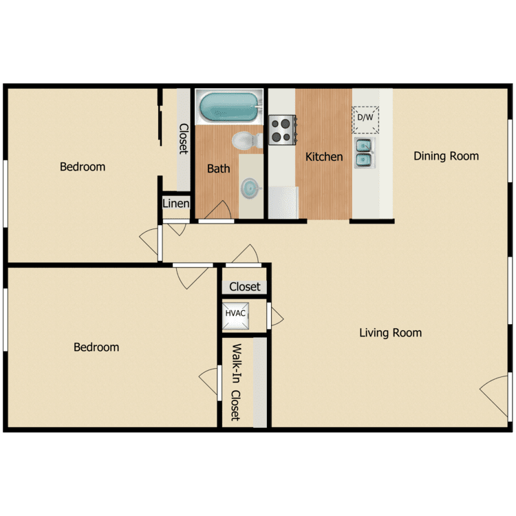 Plan E, a 2 bedroom 1 bathroom floor plan.