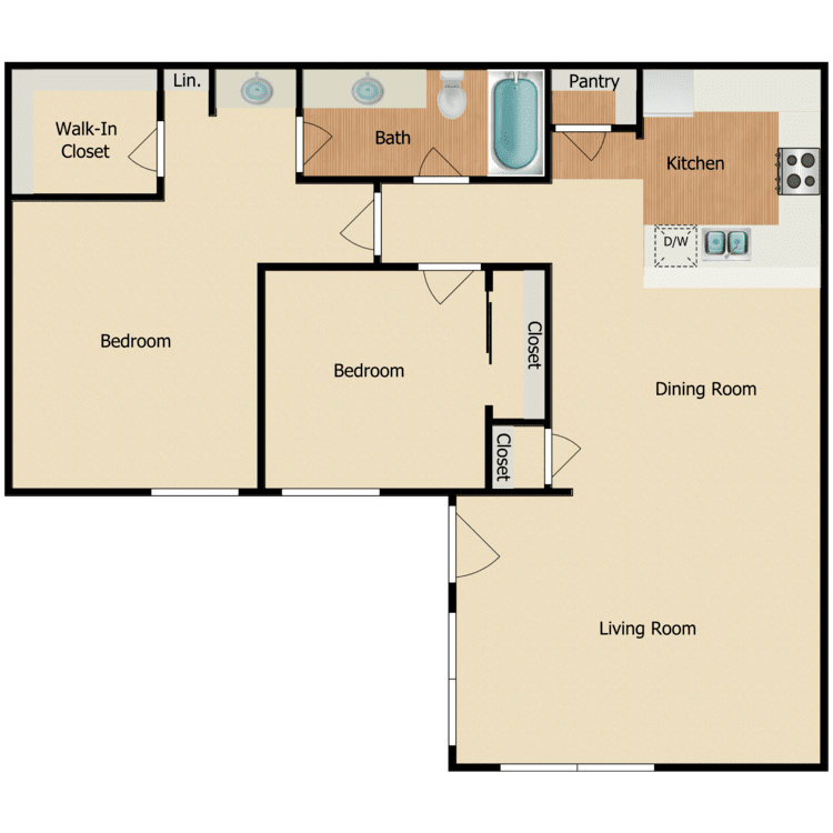 Plan F, a 2 bedroom 1 bathroom floor plan.