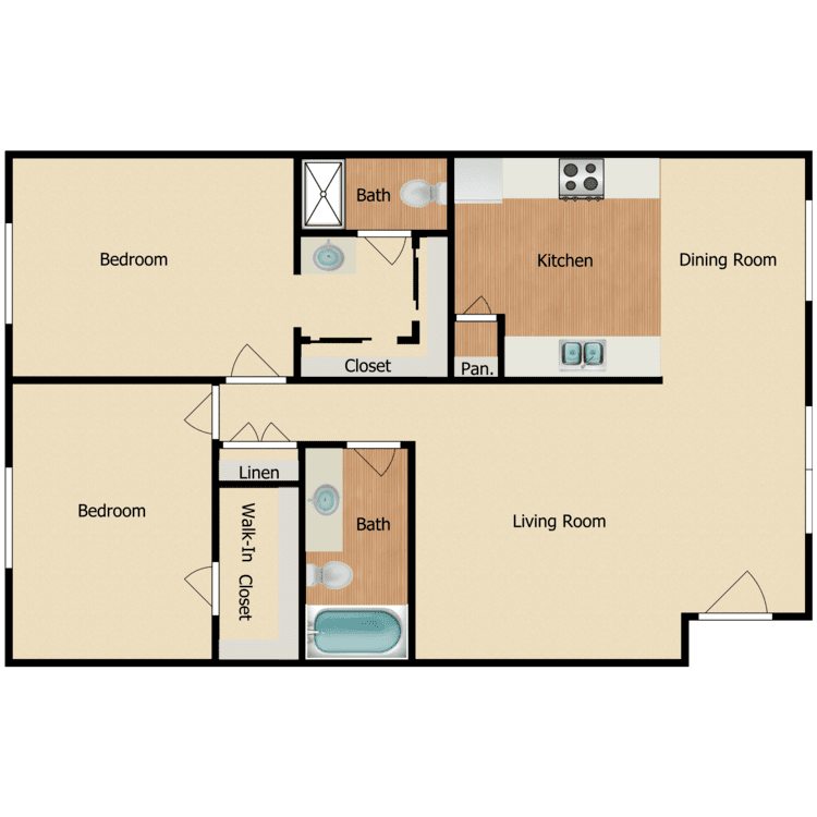 Plan H, a 2 bedroom 1.5 bathroom floor plan.