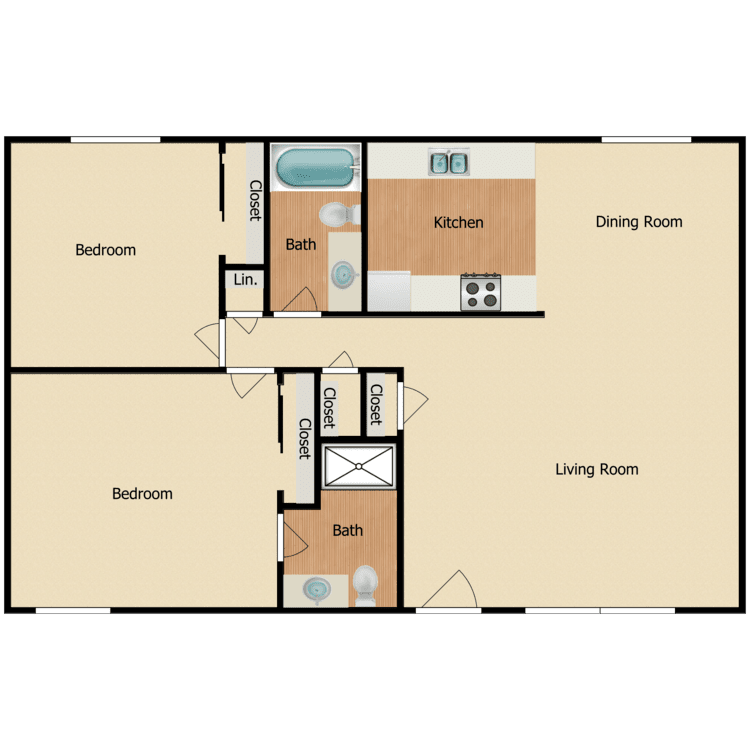 Plan I, a 2 bedroom 1.5 bathroom floor plan.