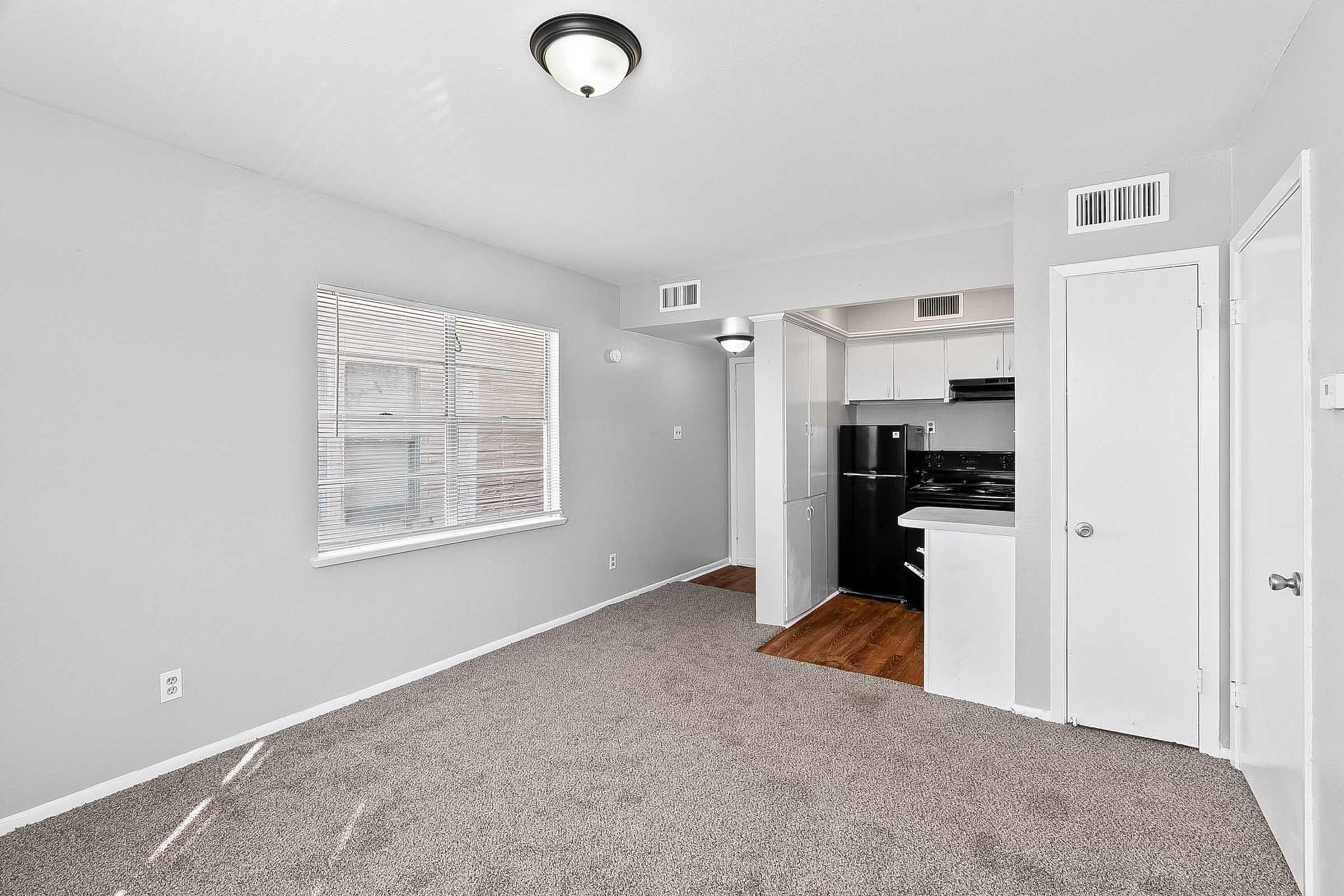 A well-lit, empty living space featuring light gray walls and carpet. A window lets in natural light, and a doorway leads to a kitchen area with white cabinets and black appliances. The room includes a ceiling light fixture and has a clean, modern look.