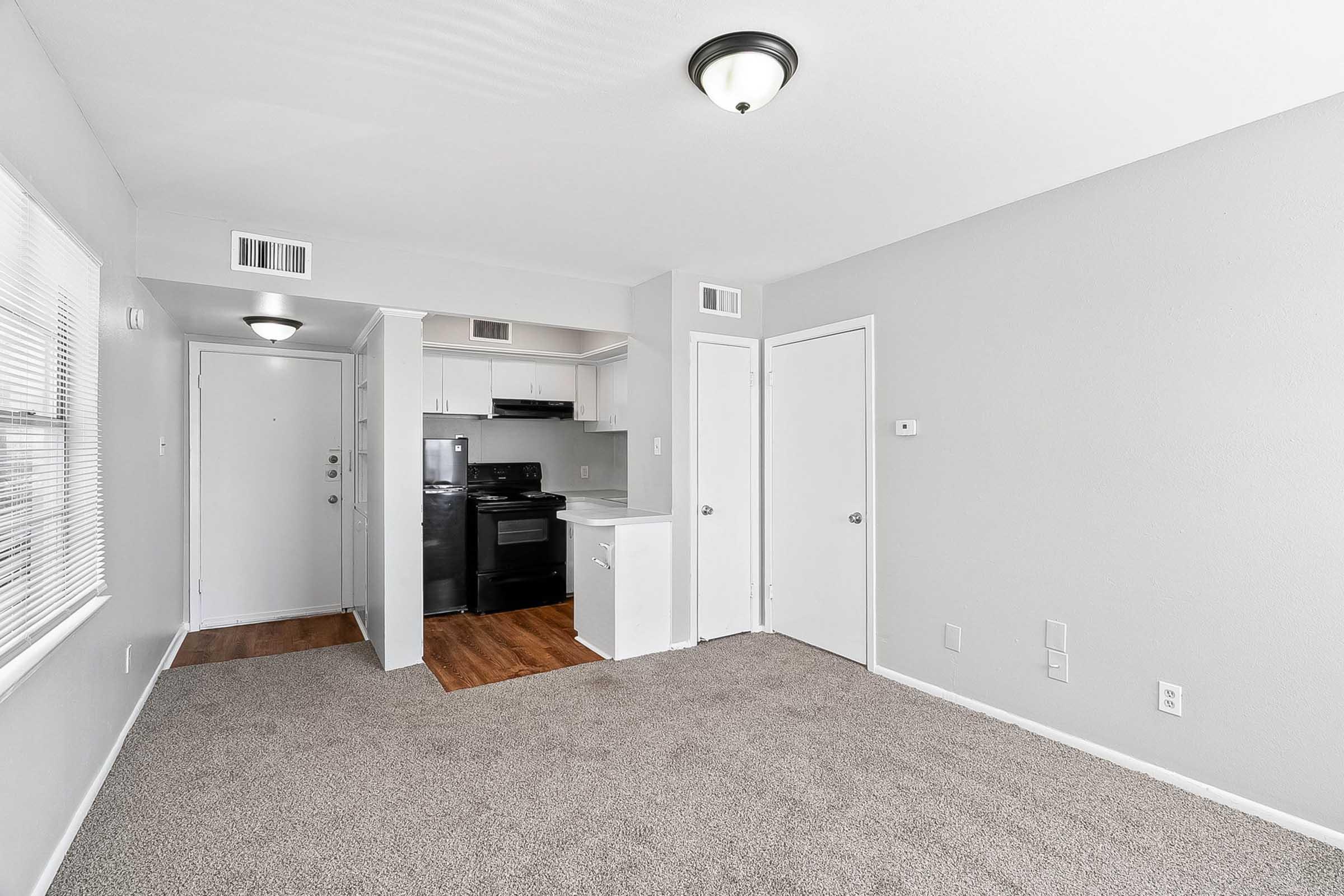 Interior view of a simple apartment living area. Features light gray walls, carpeted flooring, and a ceiling light fixture. To the left, a door leads to the entrance, while a small kitchen area with black appliances is visible. A door on the right provides access to another room or closet.