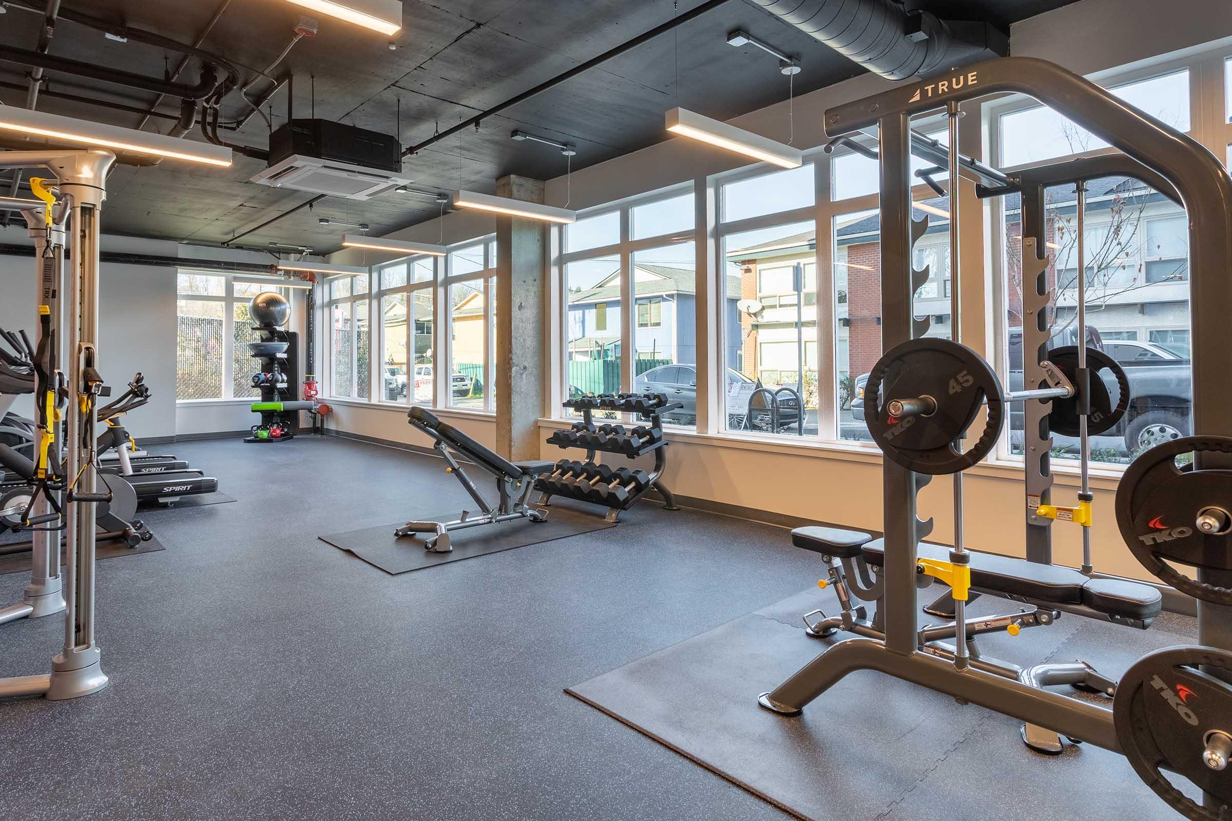 A modern gym interior featuring various weightlifting equipment, including a bench press, free weights, and a multi-function strength training machine. Large windows allow natural light to illuminate the space, which has a clean, contemporary design with a rubber floor and minimal decor.