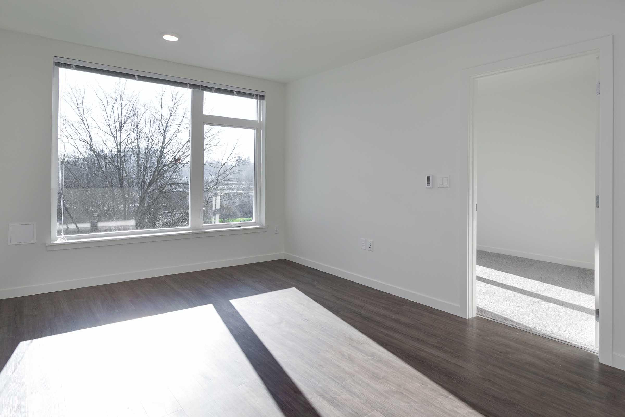 A bright, empty room with light-colored walls and a large window letting in natural light. The floor is dark hardwood, and there's an open doorway leading to another room. Outside the window, tree branches can be seen against a clear sky, creating a serene and airy atmosphere.