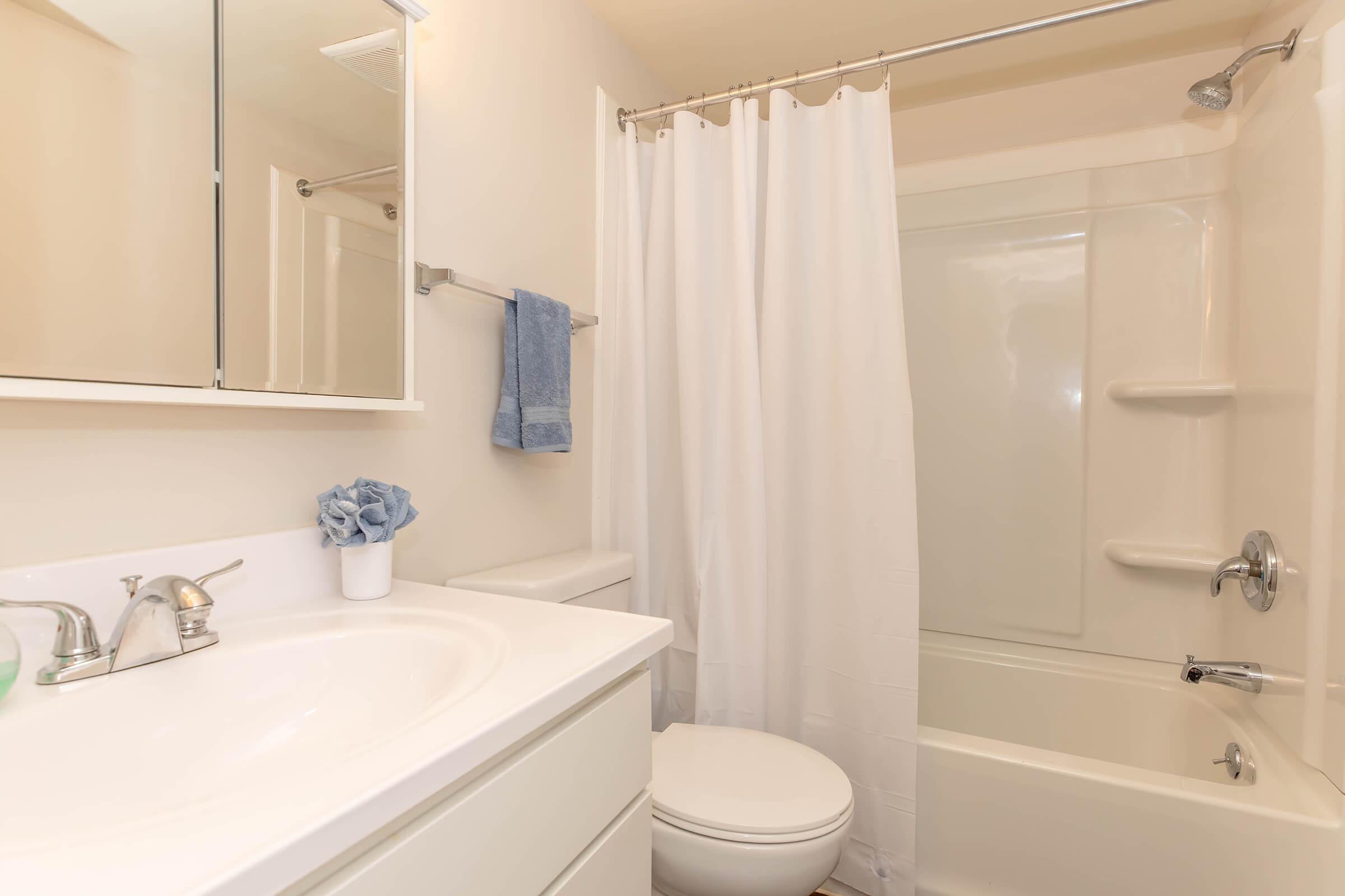 A clean, modern bathroom featuring a white sink with a mirror above, a white toilet, and a bathtub with a shower. There is a blue towel hanging on a rack, and a small arrangement of blue flowers in a white pot on the sink. The walls are light-colored, creating a bright and airy atmosphere.