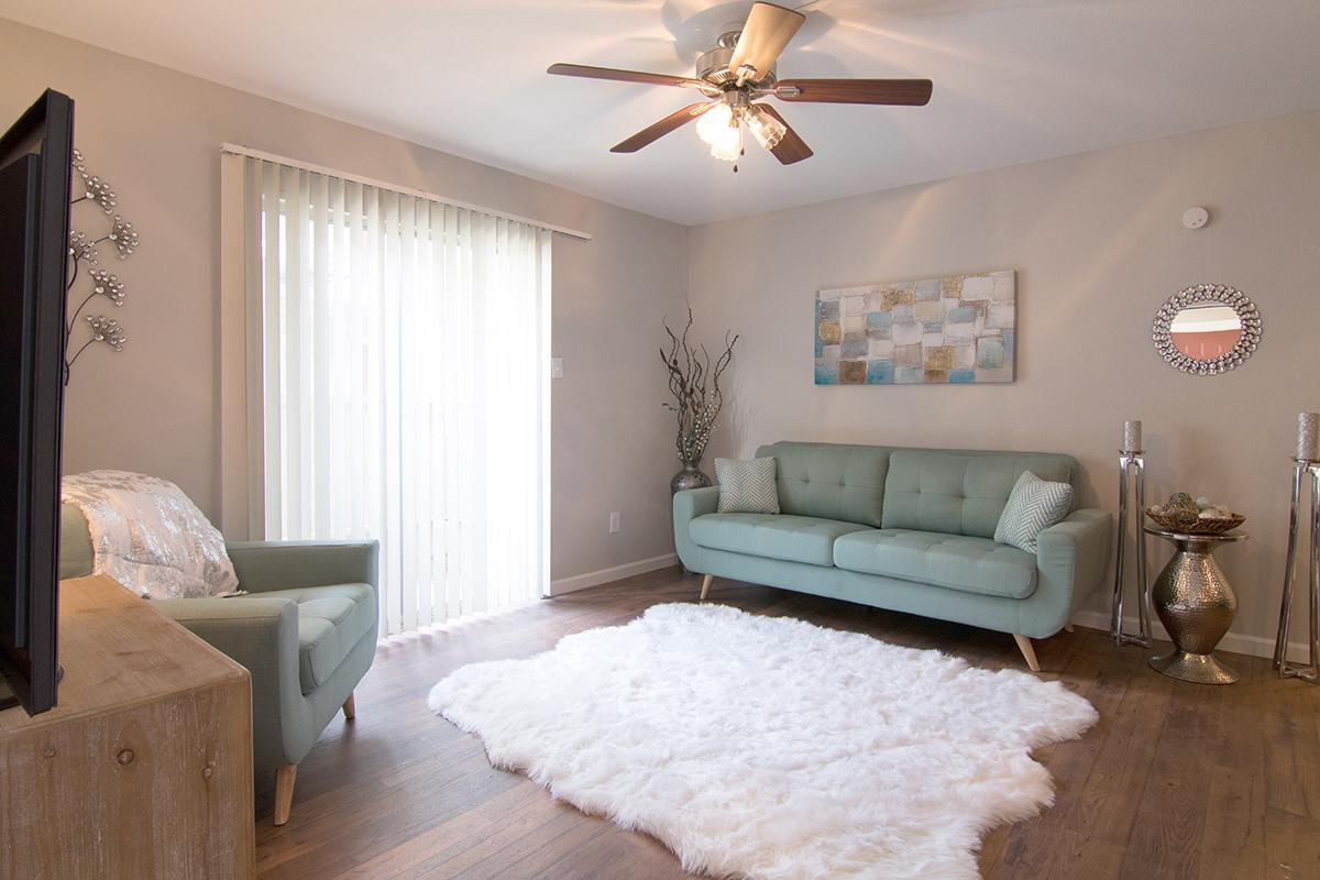 a living room with a bed and a flat screen tv