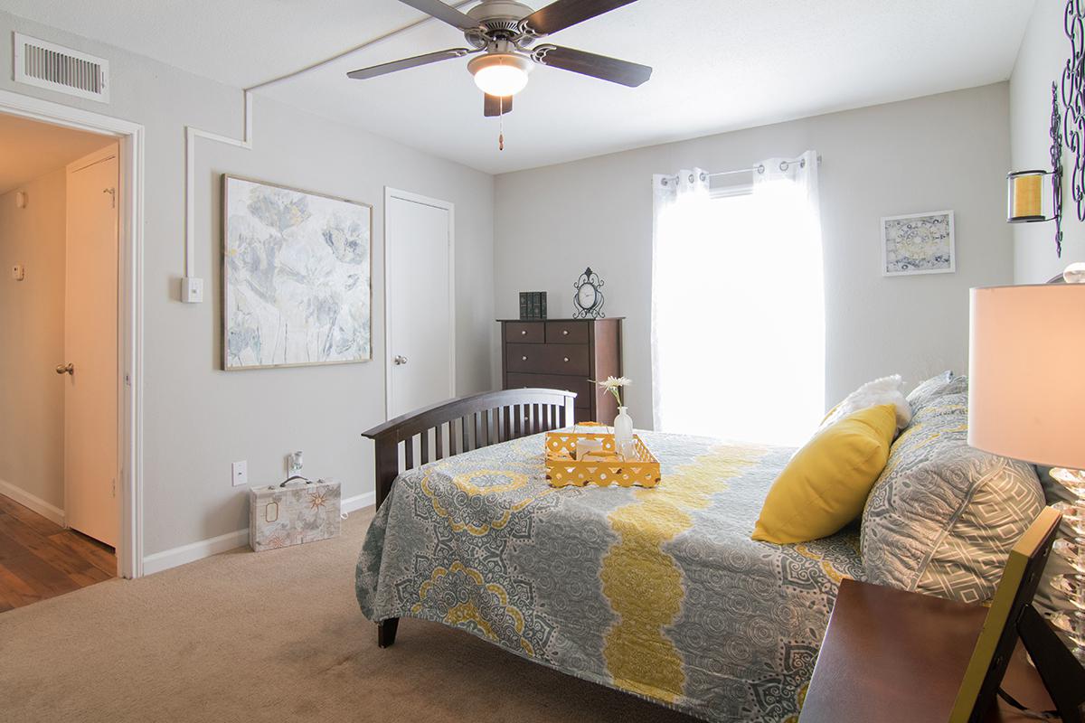 a bedroom with a bed and a couch in a living room