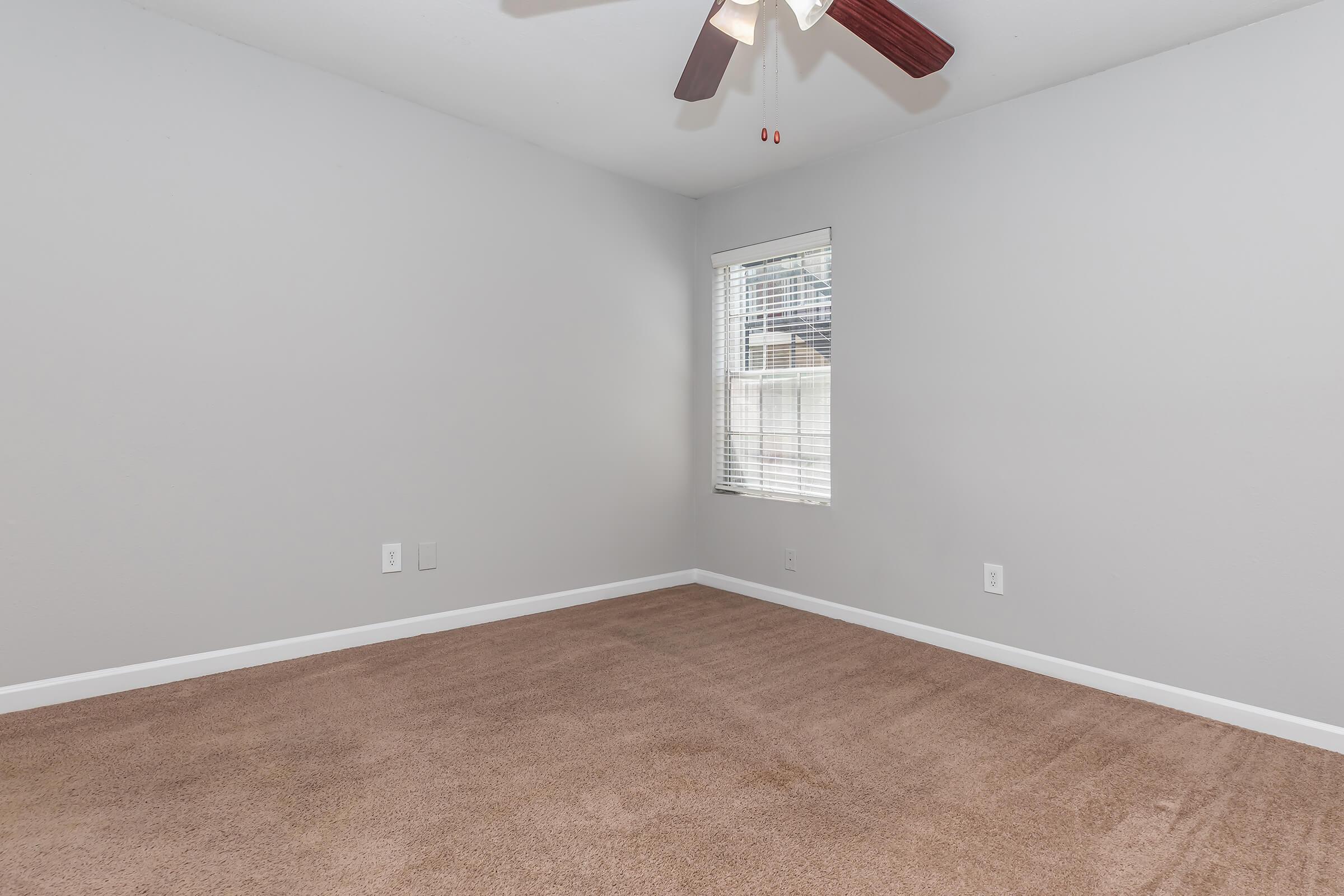 Empty room featuring light gray walls and a plush carpet. A ceiling fan with wooden blades is mounted above. Natural light shines through a window with white trim. The room appears spacious and uncluttered, providing a neutral backdrop for various potential uses.