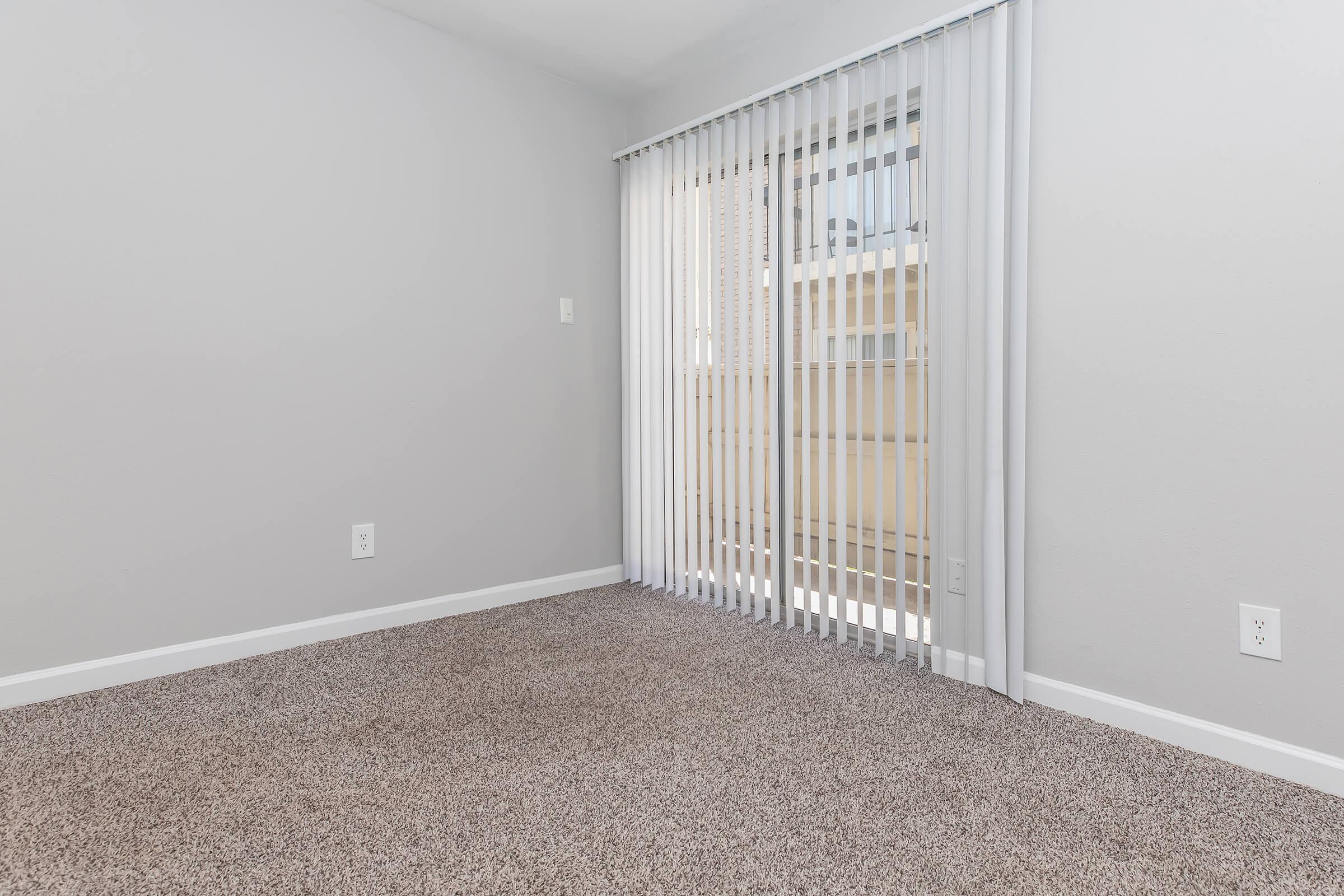 A clean, empty room with light gray walls and beige carpet. It features vertical blinds covering a large window that lets in natural light. The space is spacious and uncluttered, making it suitable for various purposes.