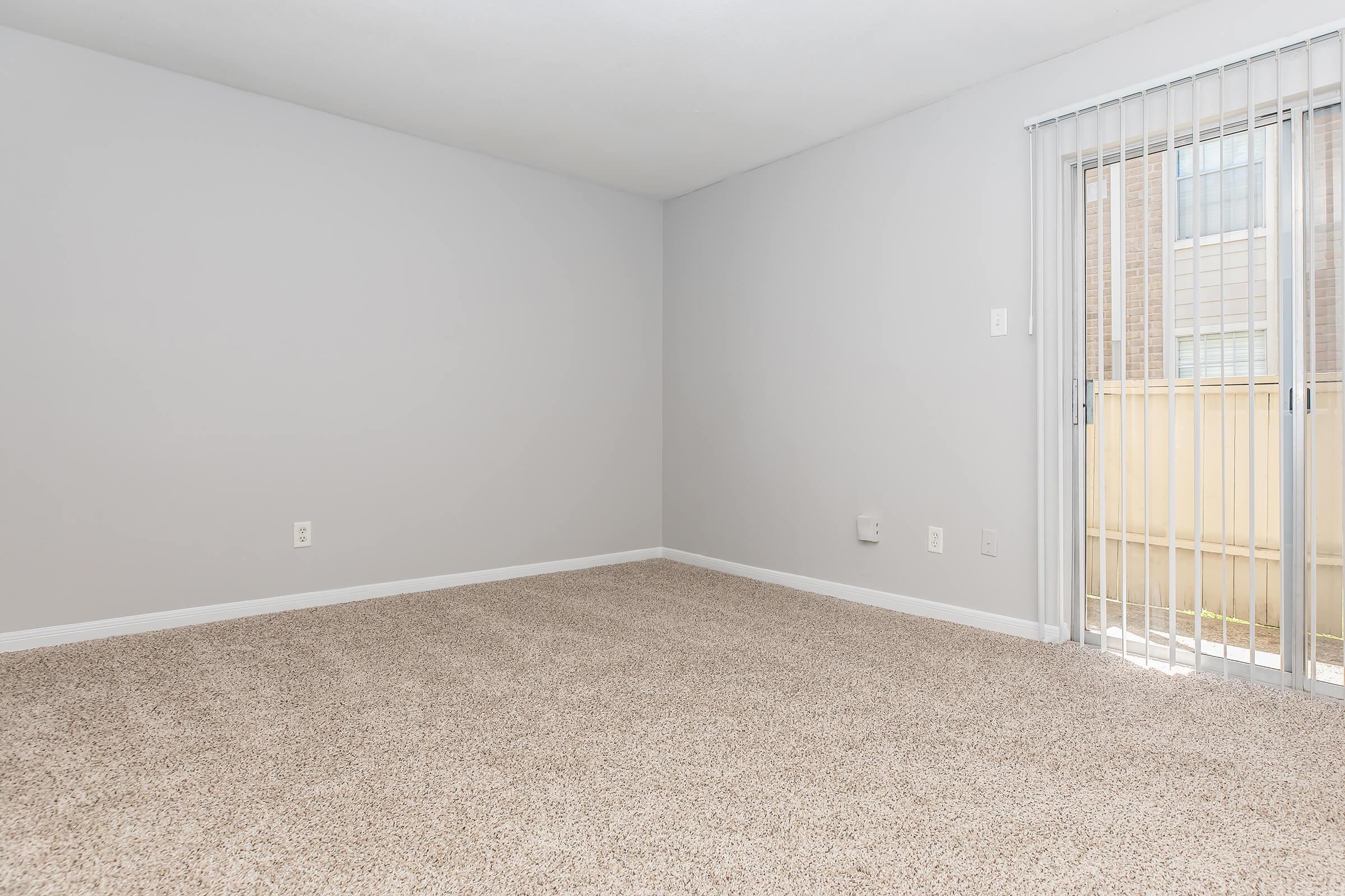 Empty room with light gray walls and tan carpet. A sliding glass door with vertical blinds leads to an outdoor space, while the opposite wall has a few electrical outlets. The overall ambiance is bright and spacious, indicating a fresh and clean environment without any furnishings.