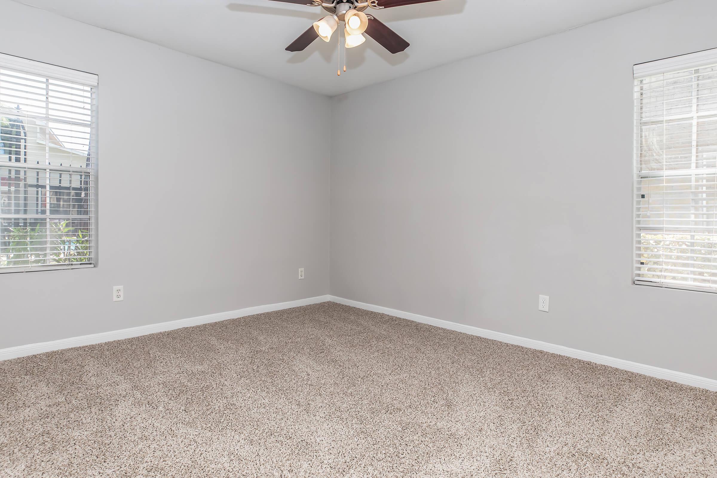 A blank room featuring light gray walls, a ceiling fan with three bulbs, and two windows with white blinds. The flooring is covered with a soft, beige carpet, creating a spacious and airy atmosphere.