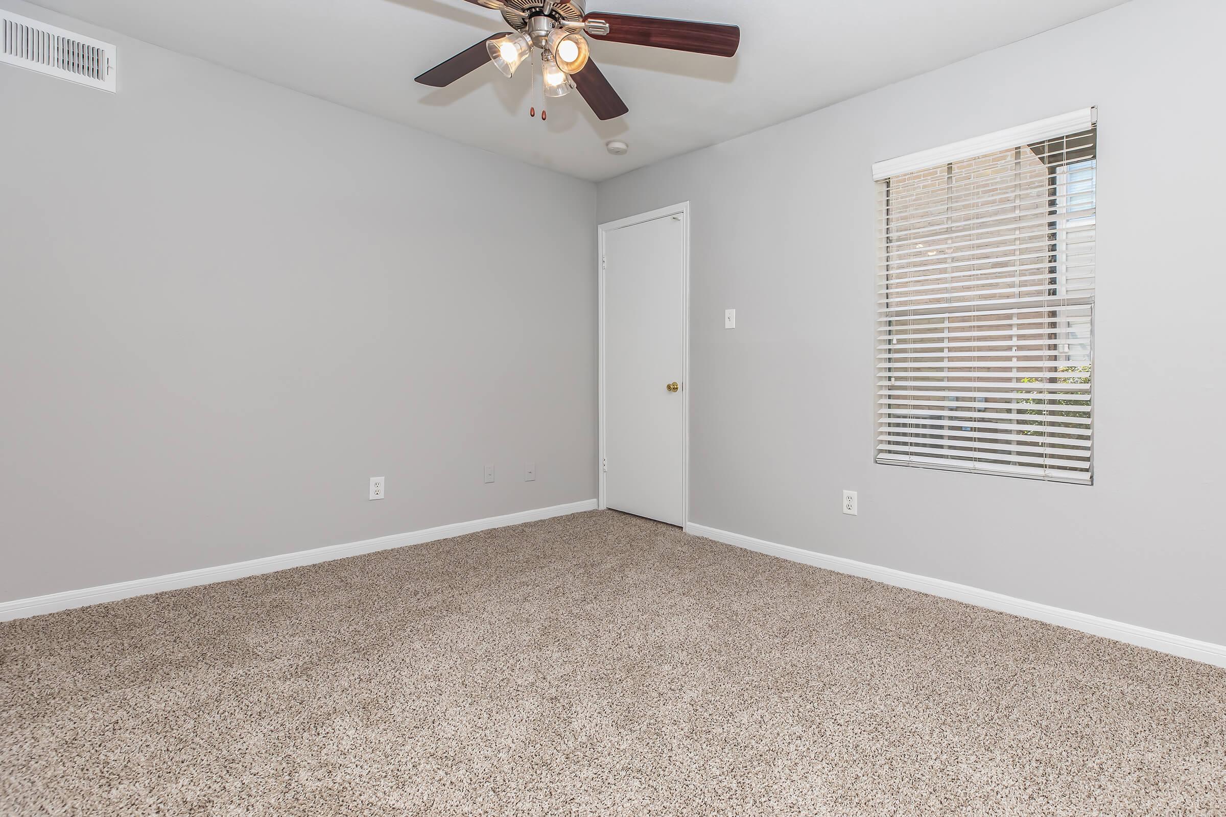 Empty room with gray walls and carpeted flooring. A ceiling fan with light is mounted above. There is a closed white door on the right and a window with blinds on the left, allowing natural light to enter. The overall atmosphere is clean and bright, suitable for various uses.
