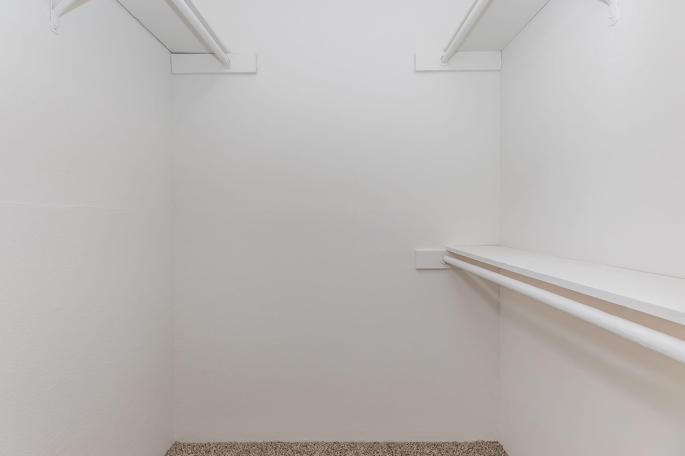 Empty closet with plain white walls, a beige carpeted floor, and a shelf along one side. There are two hanging rods installed on the upper wall, but no items are present in the space.