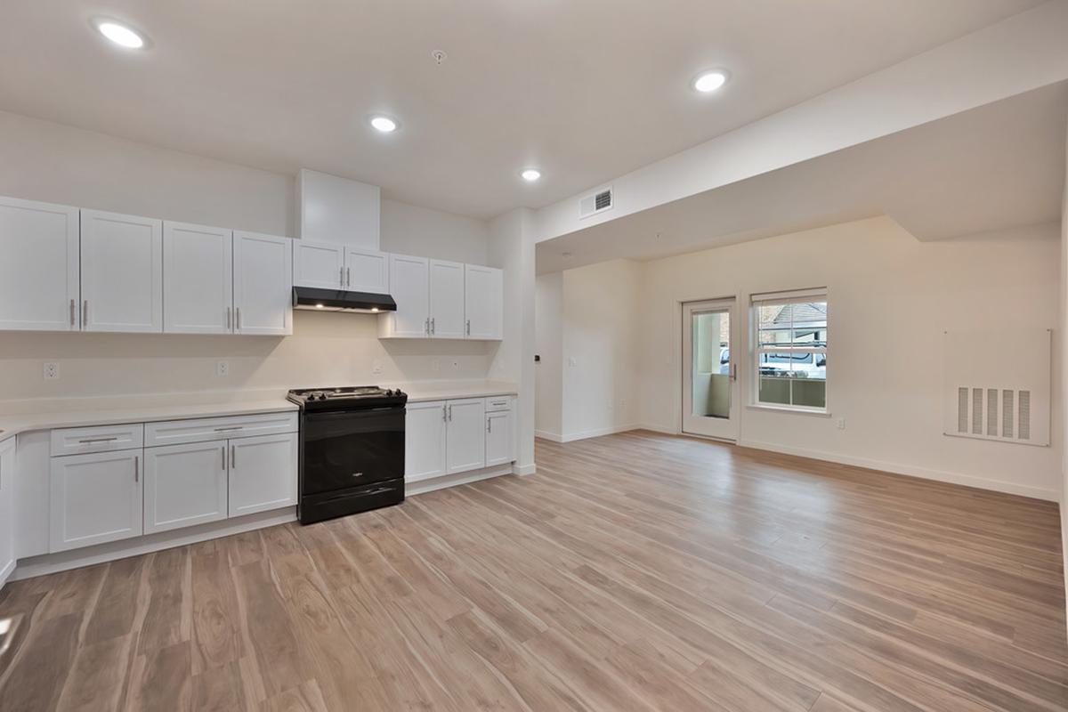 A modern kitchen and living area with white cabinetry, a black stove, and hardwood flooring. The kitchen features a light countertop and is well-lit with recessed lighting. There are large windows in the living area, and the overall design is open and spacious.