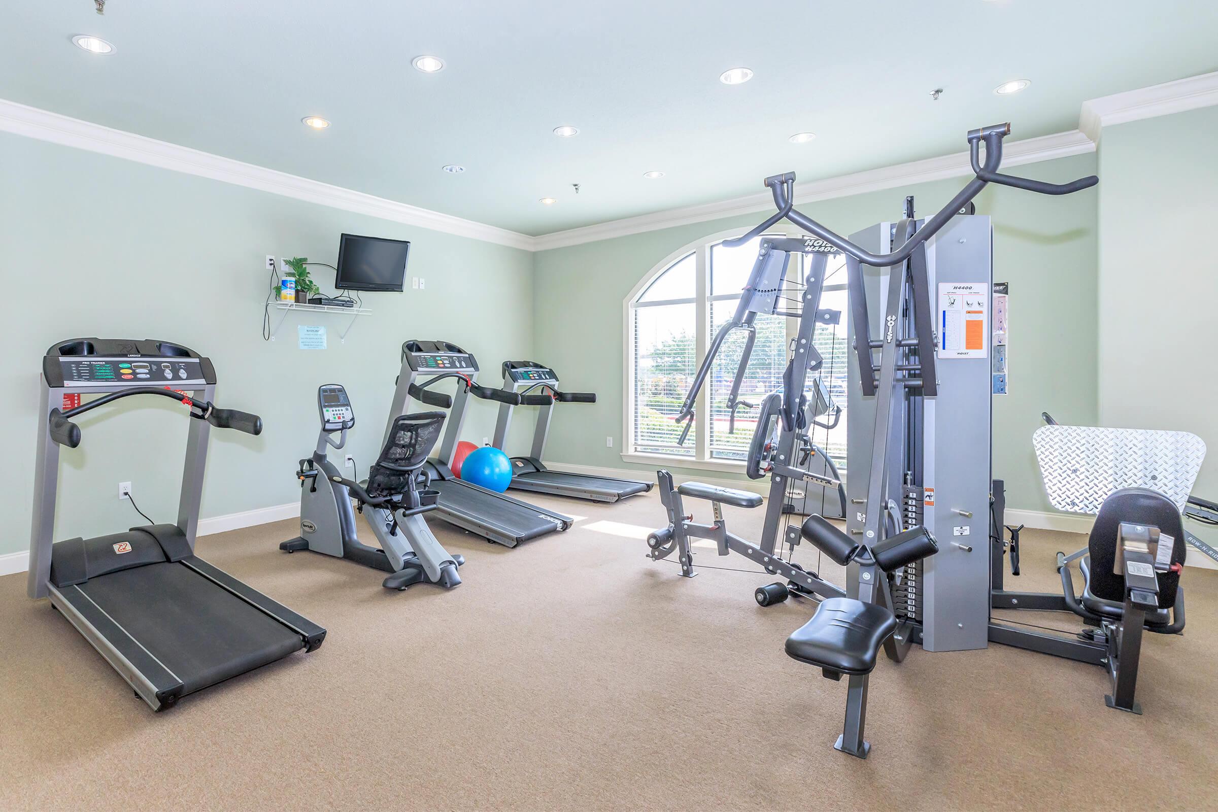 A well-lit gym facility featuring two treadmills, a stationary bike, a multi-station weight machine, and free weights. The room has beige carpeting and green walls, with large windows allowing natural light to enter. A blue exercise ball is in the corner, and a TV is mounted on the wall.