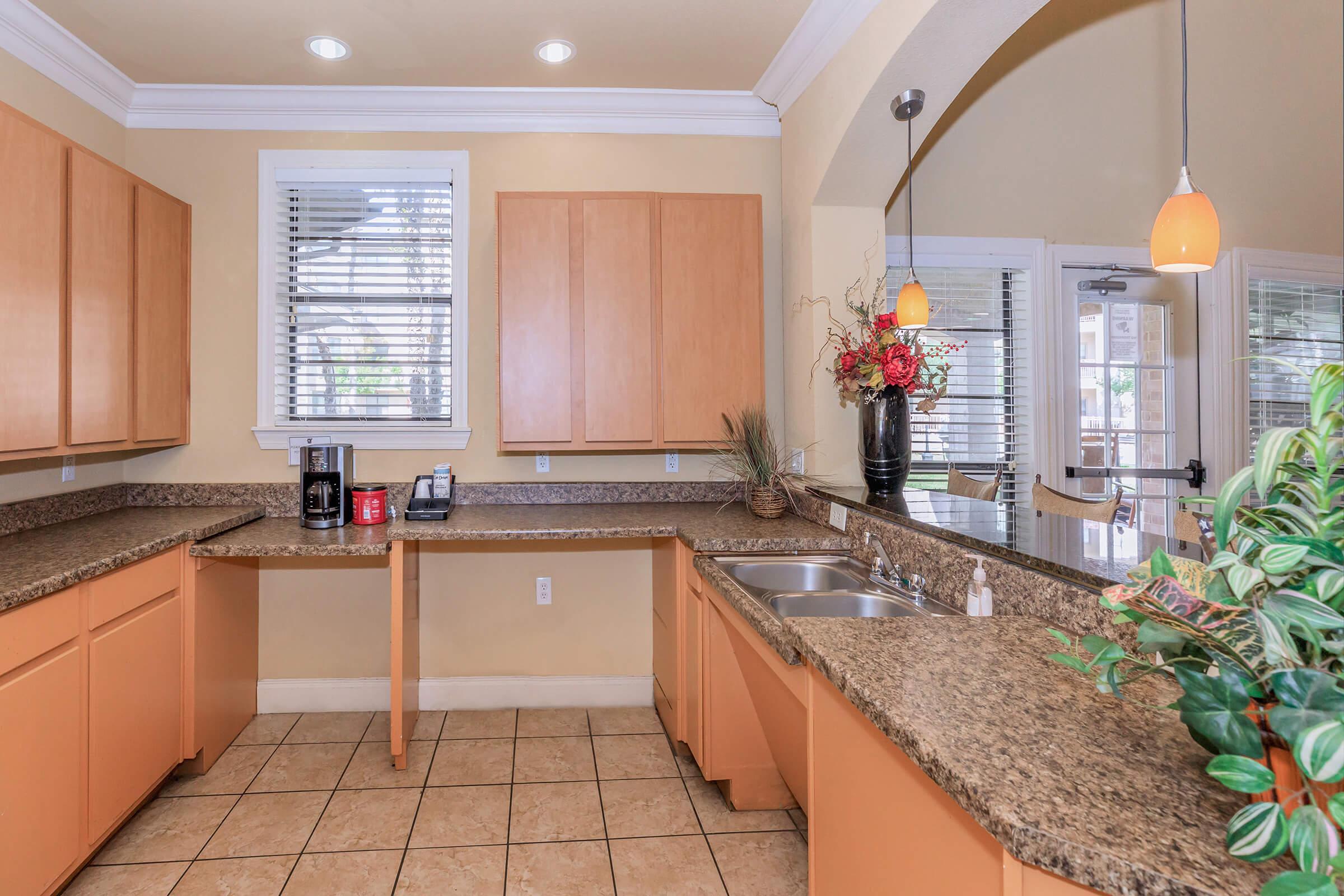 A bright, modern kitchen featuring light beige walls and granite countertops. It includes wooden cabinets, a coffee maker, and a sink. Decorative plants and a floral arrangement add a warm touch. The space is well-lit with natural light coming through windows and pendant lighting above the counter.