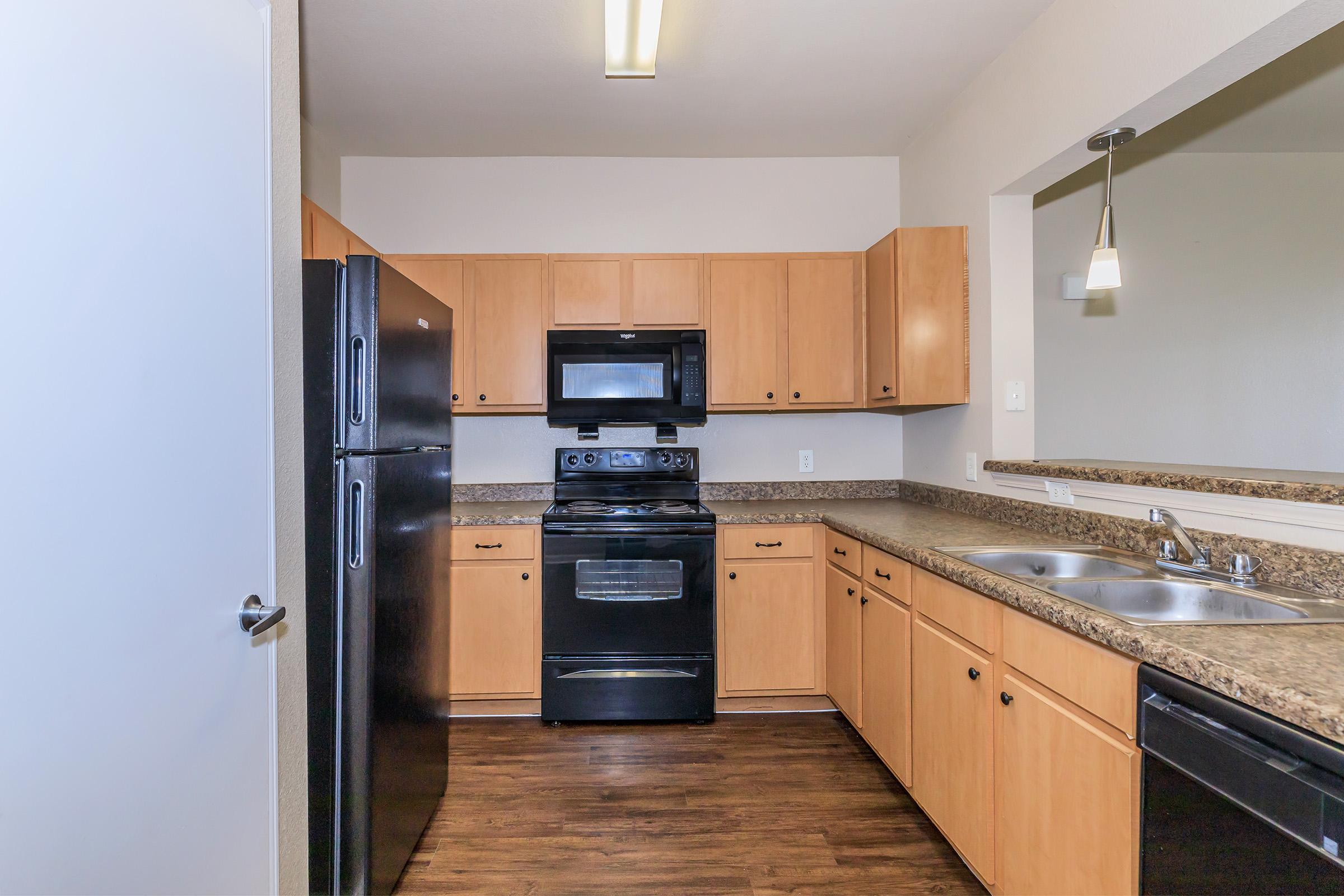 A modern kitchen with light wood cabinets, a black refrigerator, and a black stove with a microwave above. The countertops are dark granite, and there are dual sinks under a window. The space is well-lit with ceiling lights and has a stylish, contemporary look.