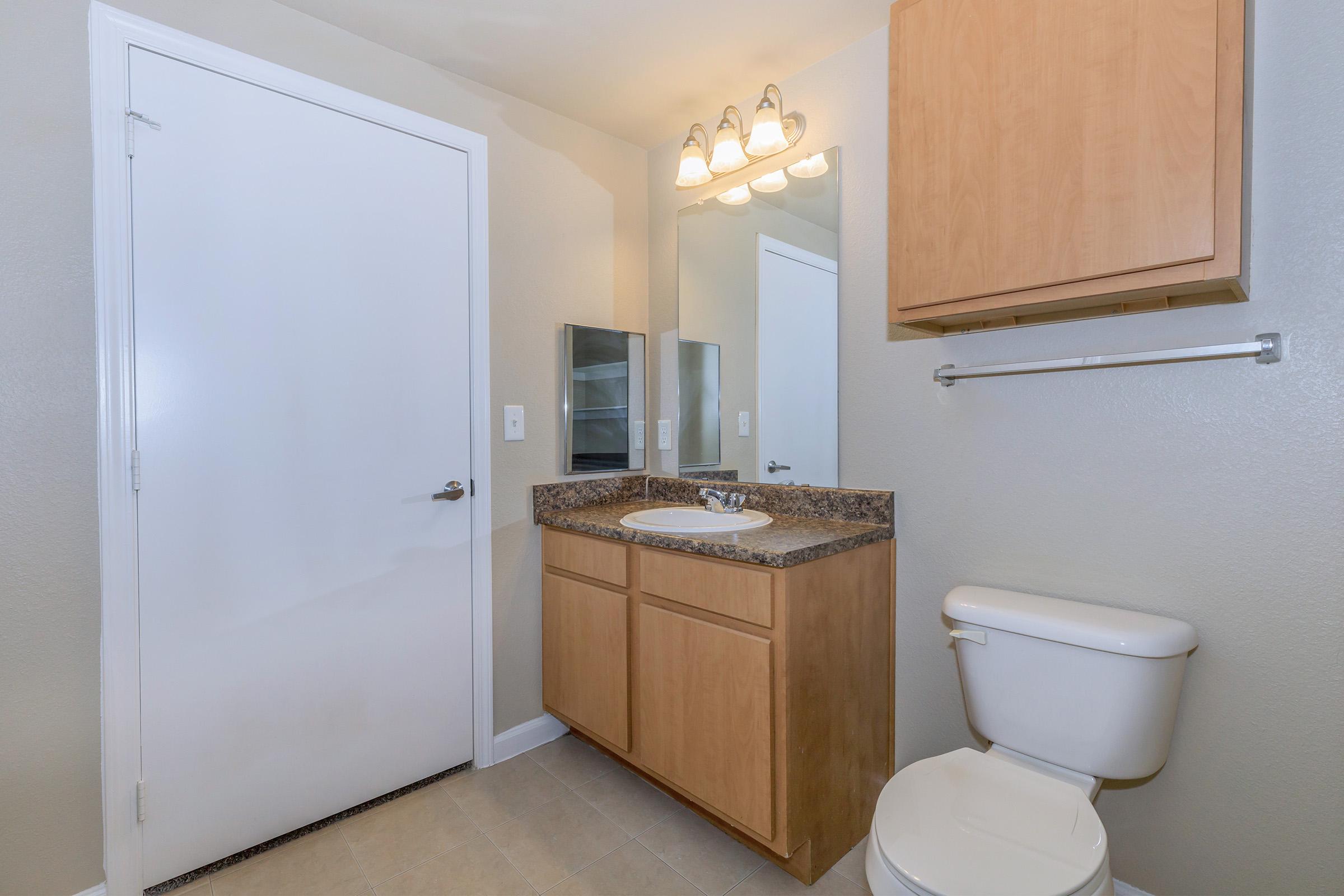 A clean, well-lit bathroom featuring a white toilet, a light wood vanity with a granite countertop and single sink, a large mirror above the sink, a towel bar, and a closed door leading to another room. The walls are painted in a light color, contributing to an airy feel.