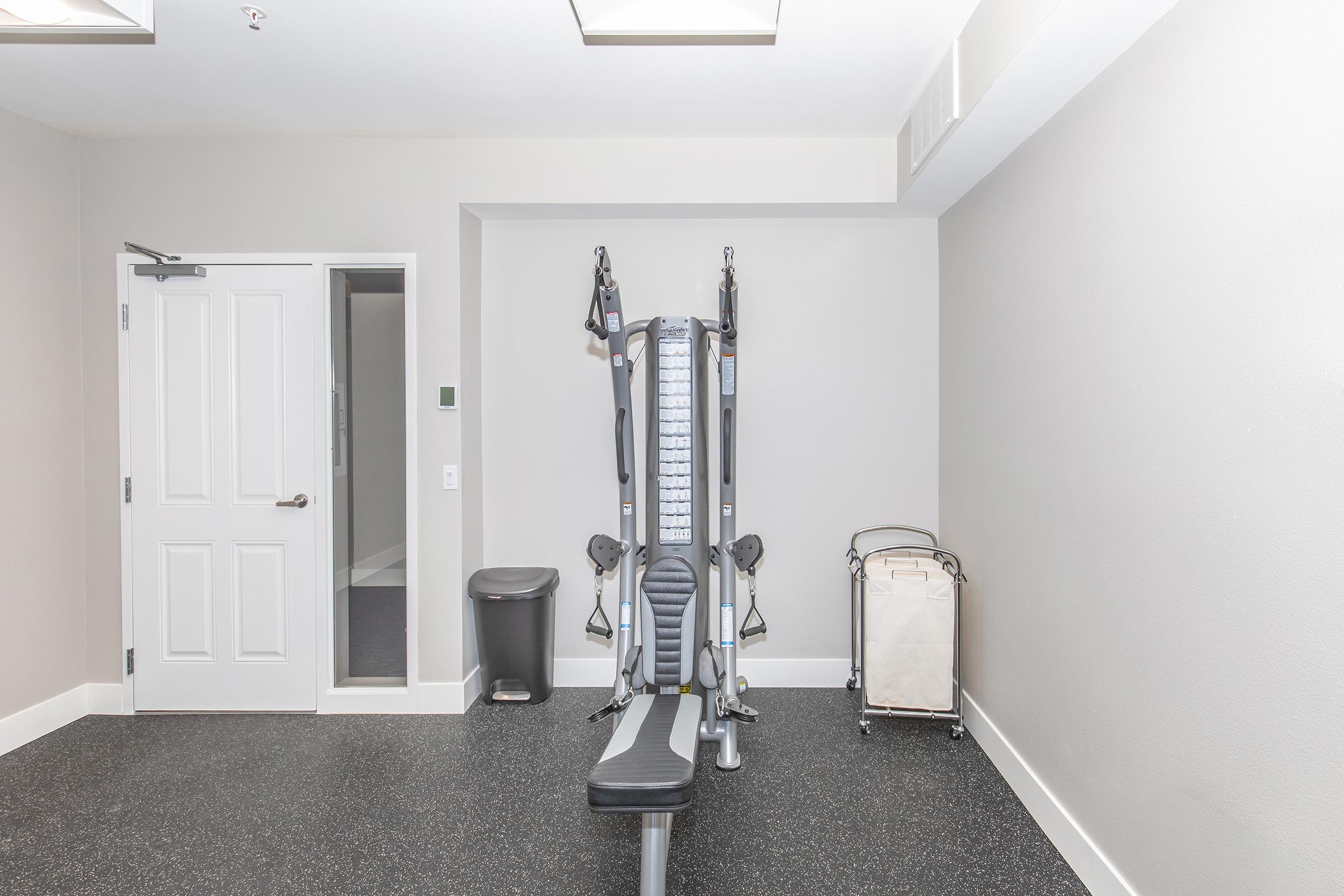 A spacious fitness room featuring a weight machine, a bench, a trash can, and a laundry cart. The walls are painted light gray, and there are two ceiling lights illuminating the area. A door in the background leads to another room. The floor has a dark rubber surface for safety and comfort during workouts.