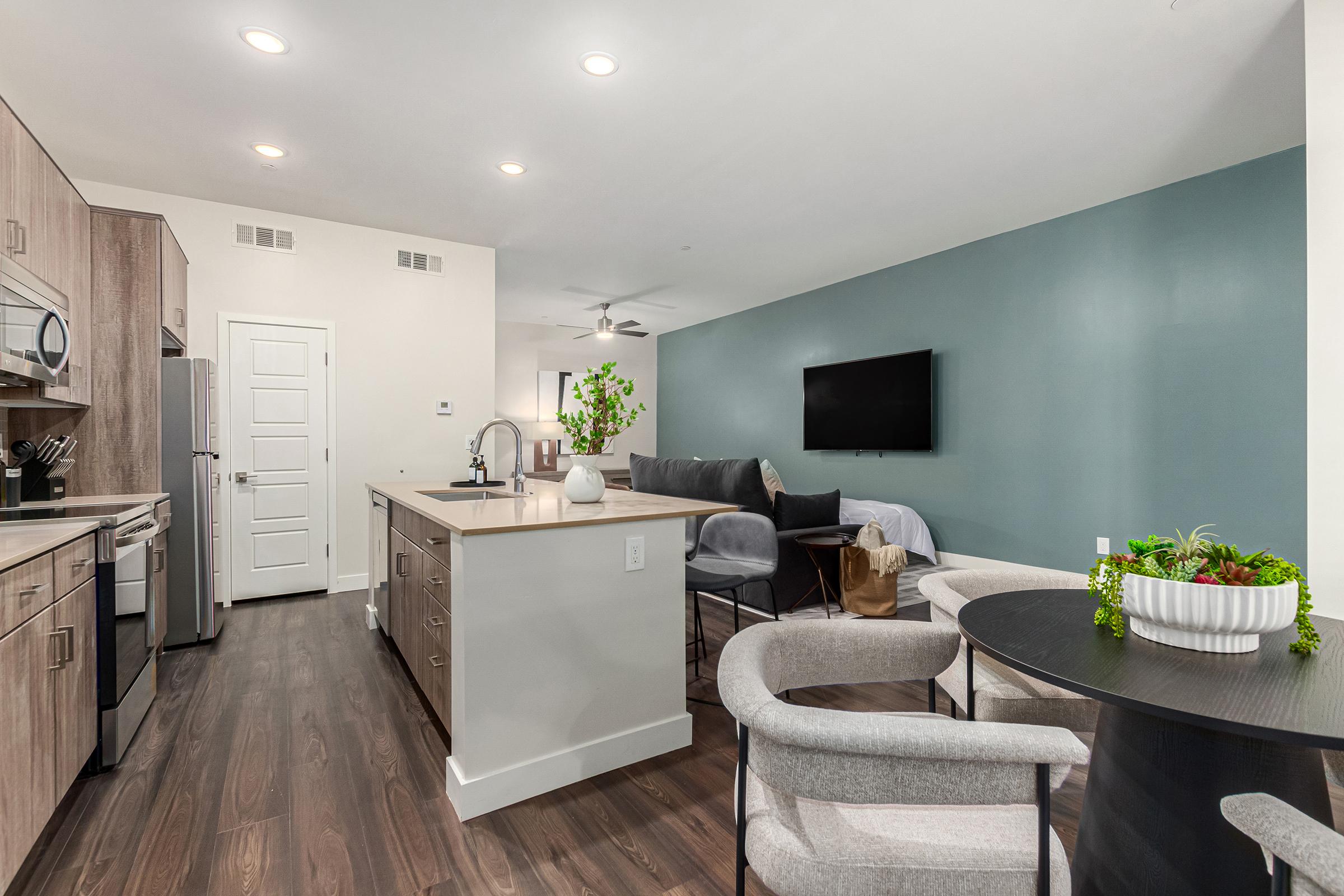 Modern kitchen and living area in an apartment. The kitchen features wooden cabinets, stainless steel appliances, and an island with a sink. A comfortable living space includes a gray sofa, a wall-mounted TV, and a round dining table with stylish chairs. A touch of greenery adds freshness to the decor.