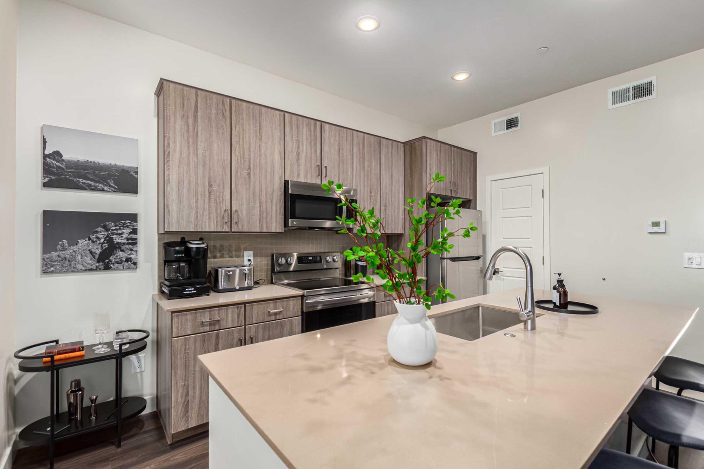 Modern kitchen featuring wooden cabinets, stainless steel appliances, and a sleek countertop. A vase with green plants sits on the island, complemented by a coffee maker and various kitchen accessories. Black-and-white photos decorate the wall, adding a touch of style to the space.