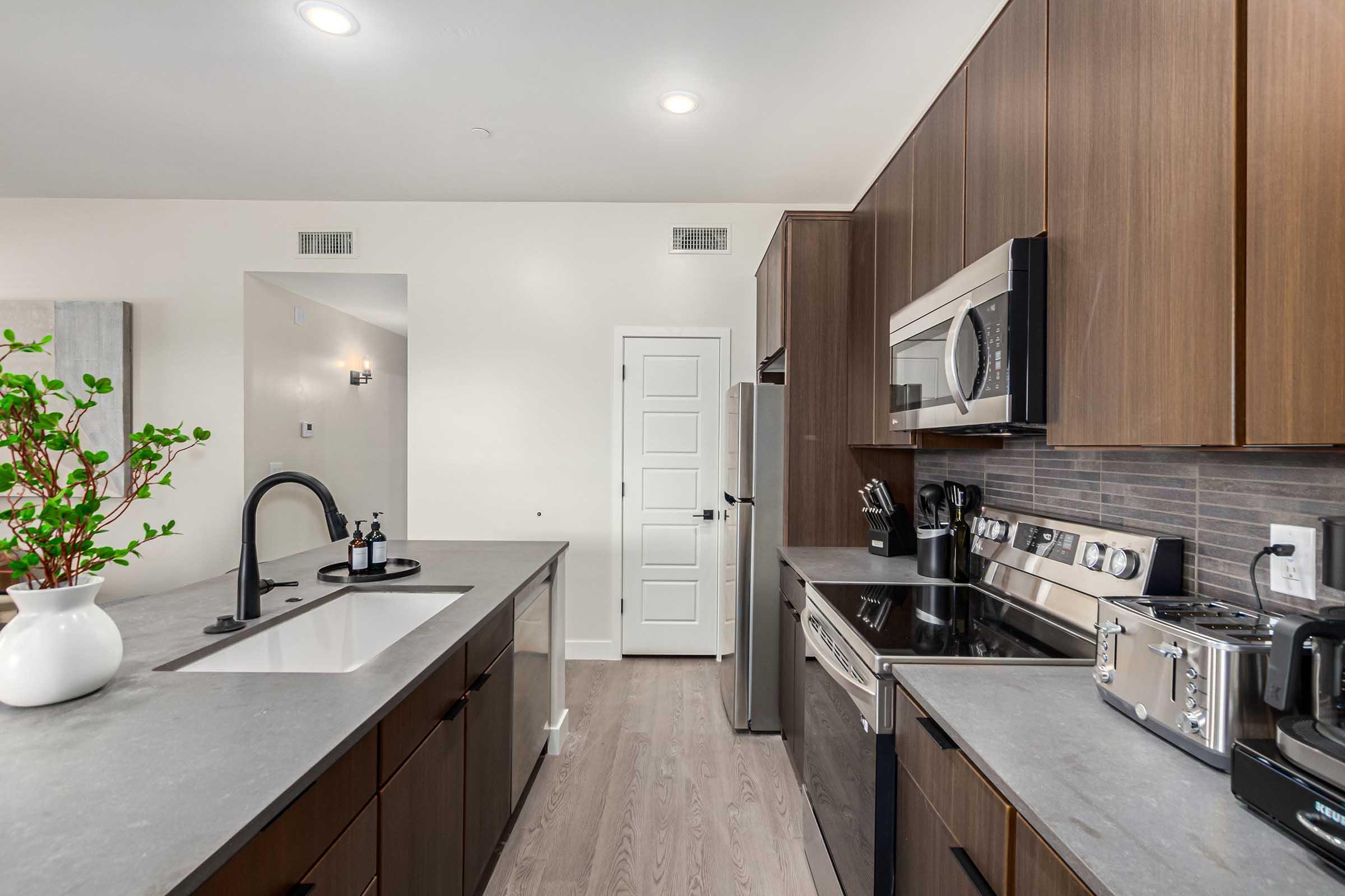 Modern kitchen featuring dark wooden cabinets, stainless steel appliances, and a large sink. A small plant is placed on the countertop, and the space is well-lit with recessed lighting. The walls are a light color, enhancing the contemporary feel of the design.