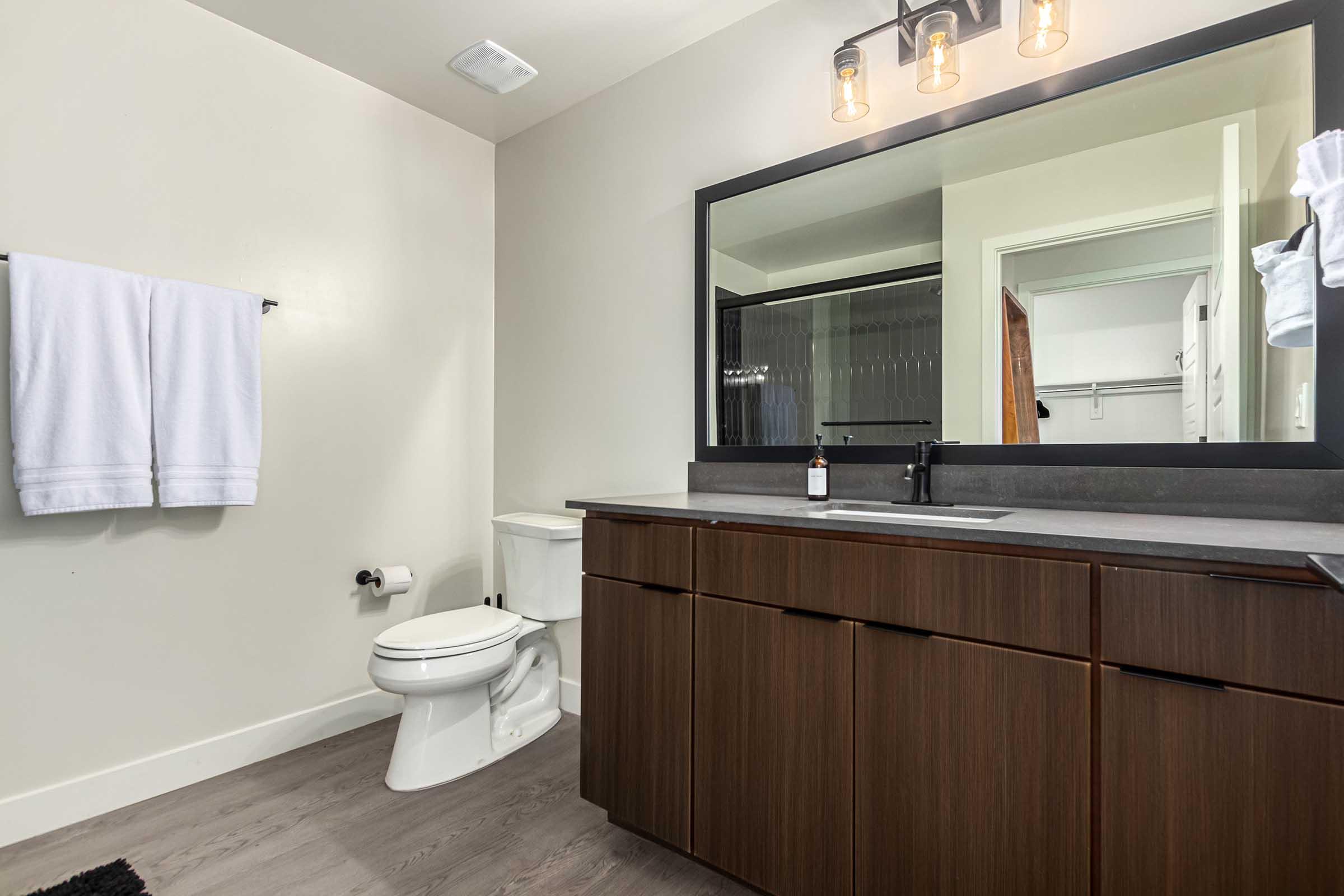 A modern bathroom featuring a sleek dark wood vanity with a black countertop, a large mirror with industrial-style lighting, a toilet, a white towel hanging on a rack, and a glass shower enclosure. The flooring is a light gray, creating a clean and contemporary look.