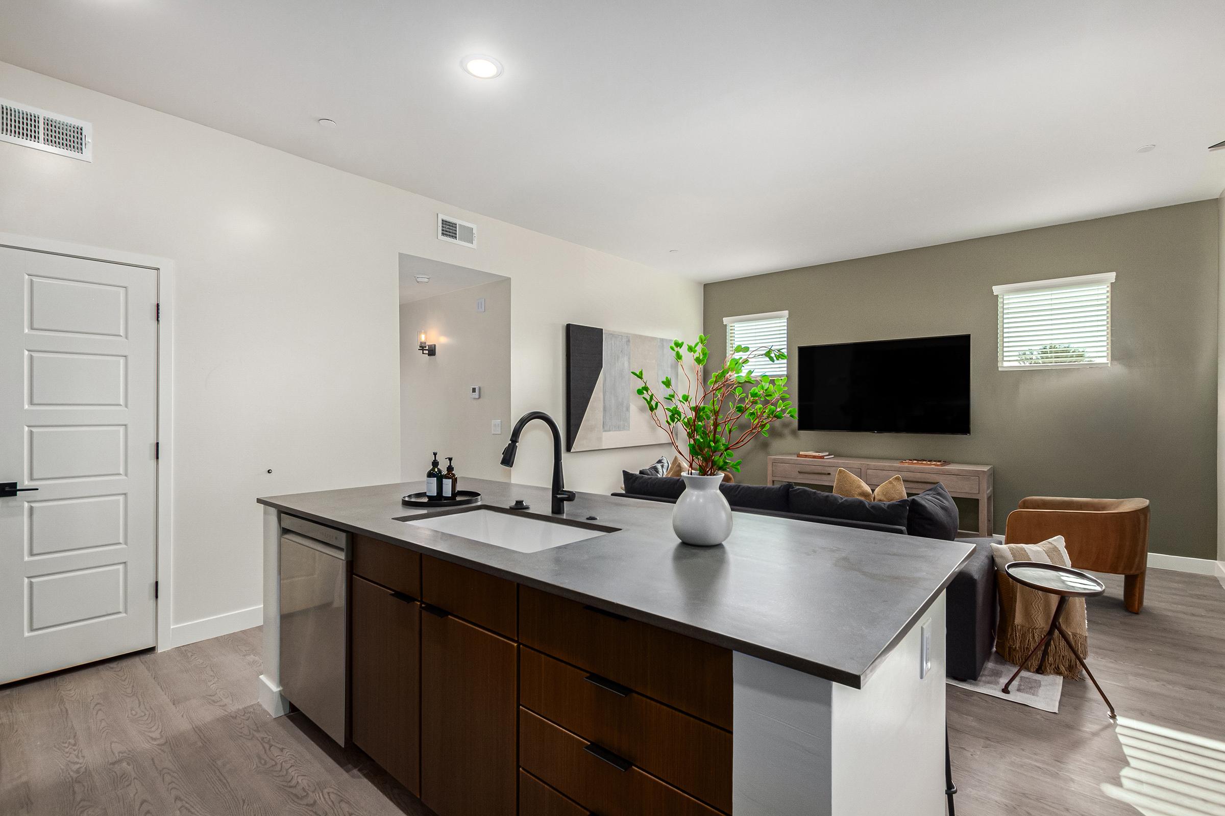 Modern living room and kitchen area showcasing an open floor plan. Features include a kitchen island with a sink and dishwasher, a dark wood cabinet, a sofa with decorative pillows, a wall-mounted TV, and indoor plants. Neutral walls and stylish decor contribute to a contemporary atmosphere.