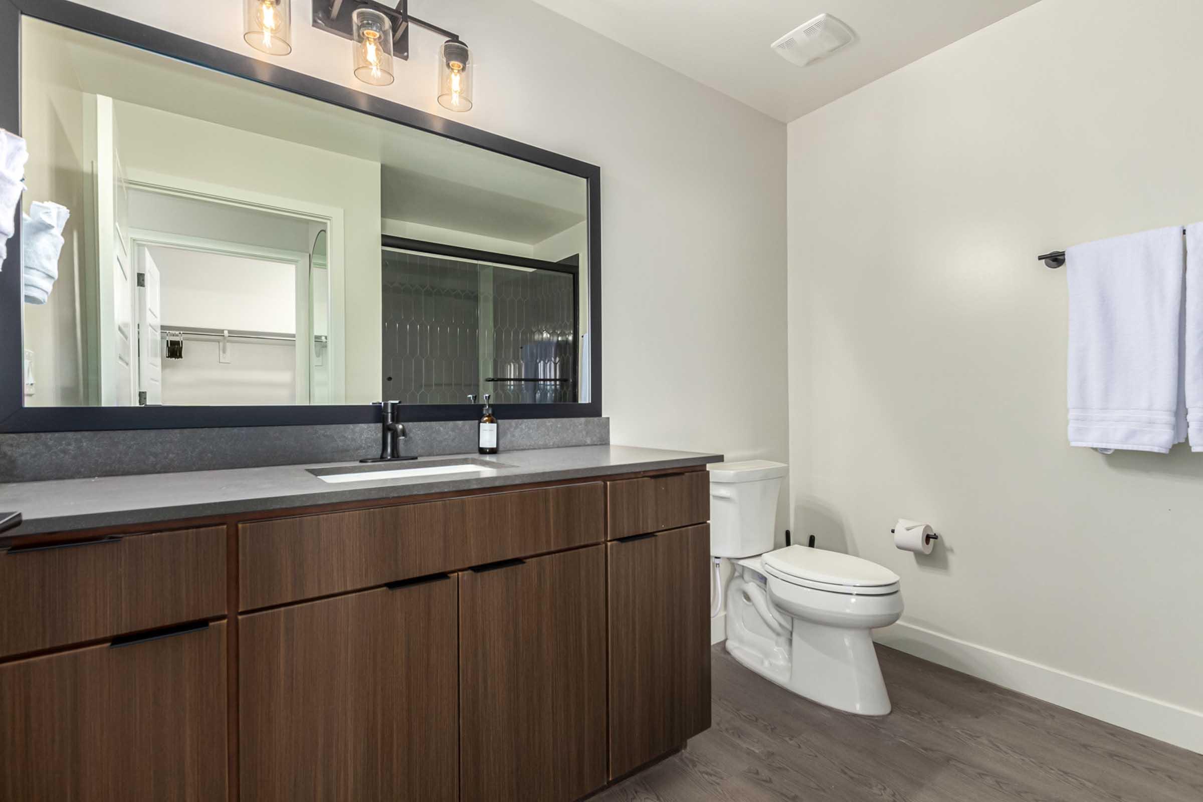 Modern bathroom featuring a dark wood vanity with a rectangular sink, a large mirror with industrial-style light fixtures above, and a white toilet. Soft white towels are hung on the wall, and the flooring is light-colored wood. A door leads to an adjacent space visible in the mirror.