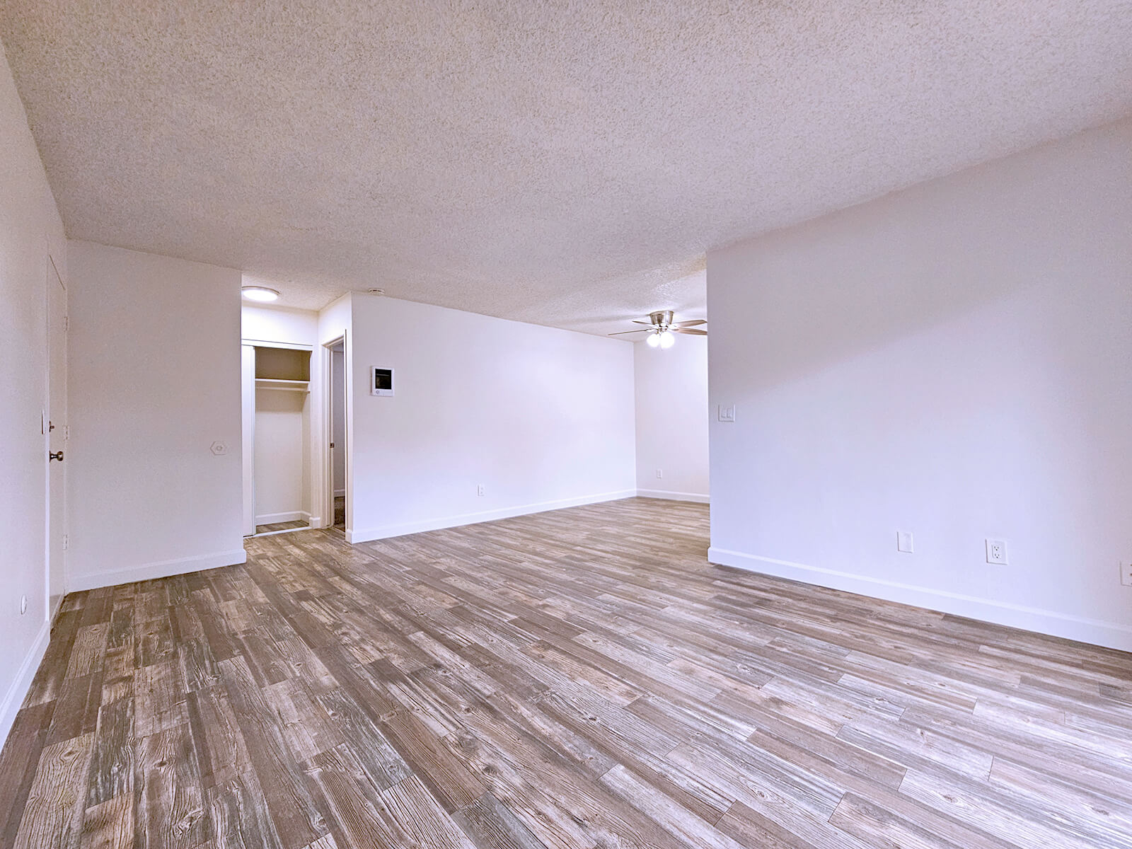 A spacious, empty room with light-colored walls and a textured ceiling. The floor features wide, wooden planks in a natural finish. There is a ceiling fan in the upper corner, and an open doorway leads to a closet on the left side. The space is well-lit, creating a bright and airy atmosphere.