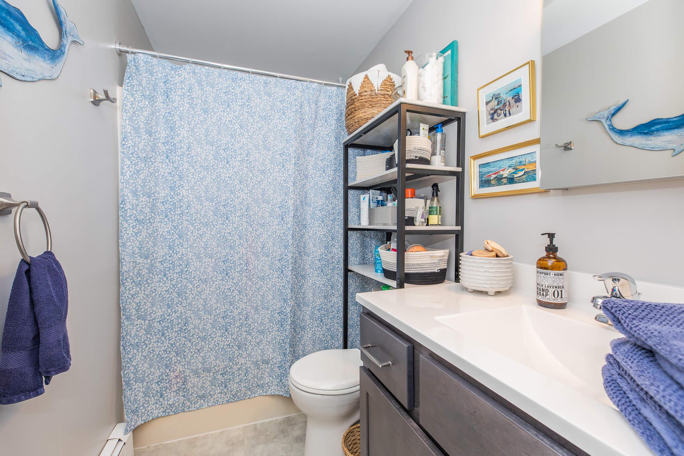 A bright, modern bathroom featuring a blue floral shower curtain, a white countertop with toiletries, a dark wooden storage shelf filled with baskets and decorative items, and ocean-themed wall art. Soft towels are neatly arranged, and a toilet is visible in the corner.