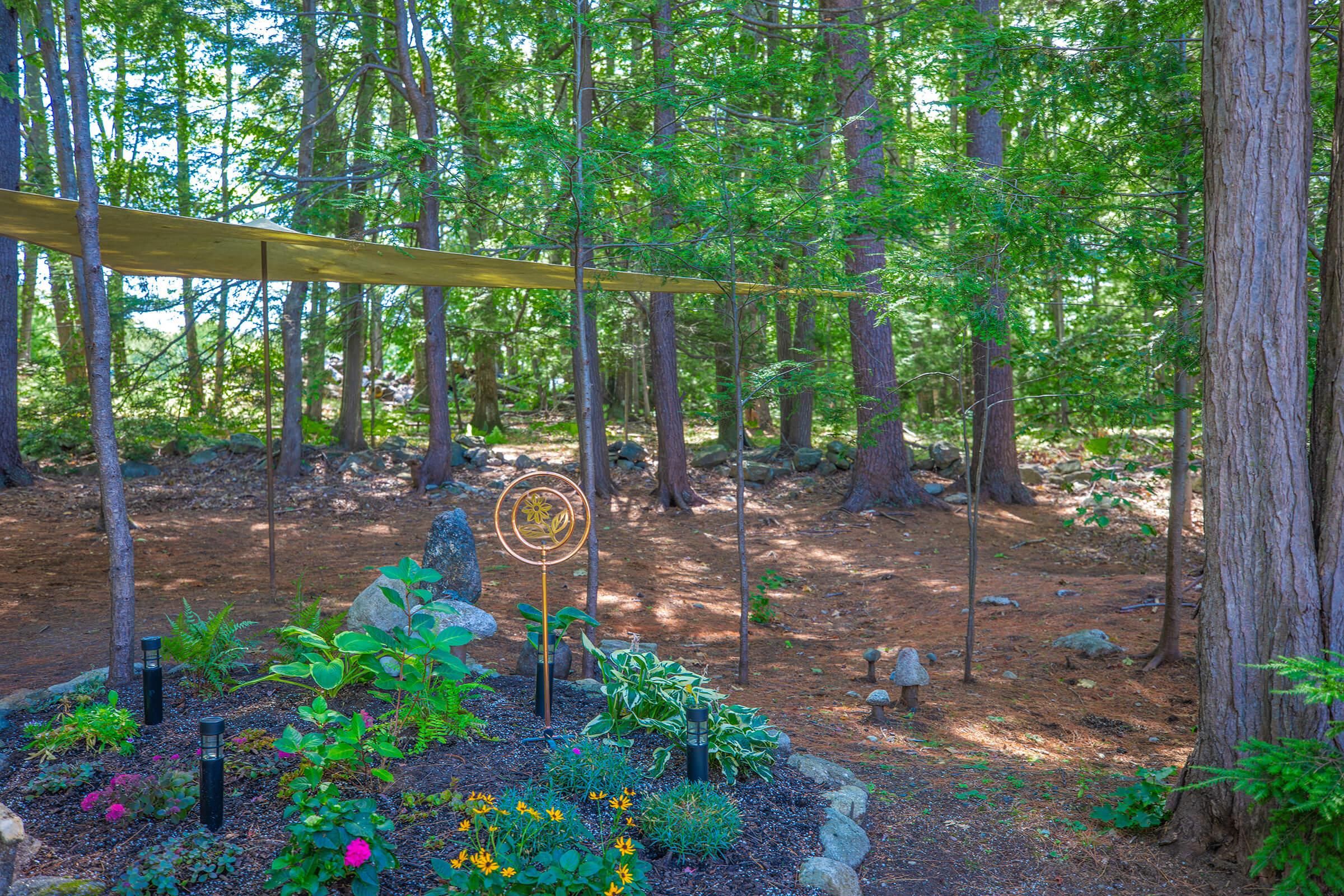 A serene forest scene featuring tall trees and soft sunlight filtering through the leaves. In the foreground, a garden bed with various plants and flowers surrounds a decorative element, while a subtle wooden structure provides shade above. The natural setting evokes a peaceful atmosphere.