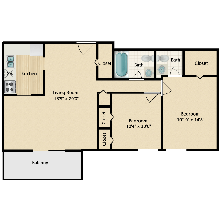 Floor plan image of Two Bedroom 1.5 Bath Upgrade