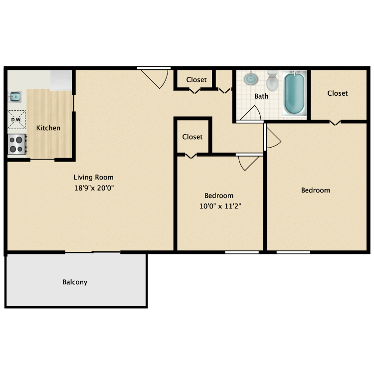 Floor plan image of Two Bedroom One Bath Premium