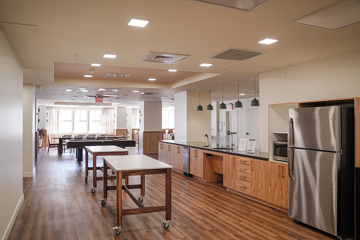 a kitchen with a wood floor