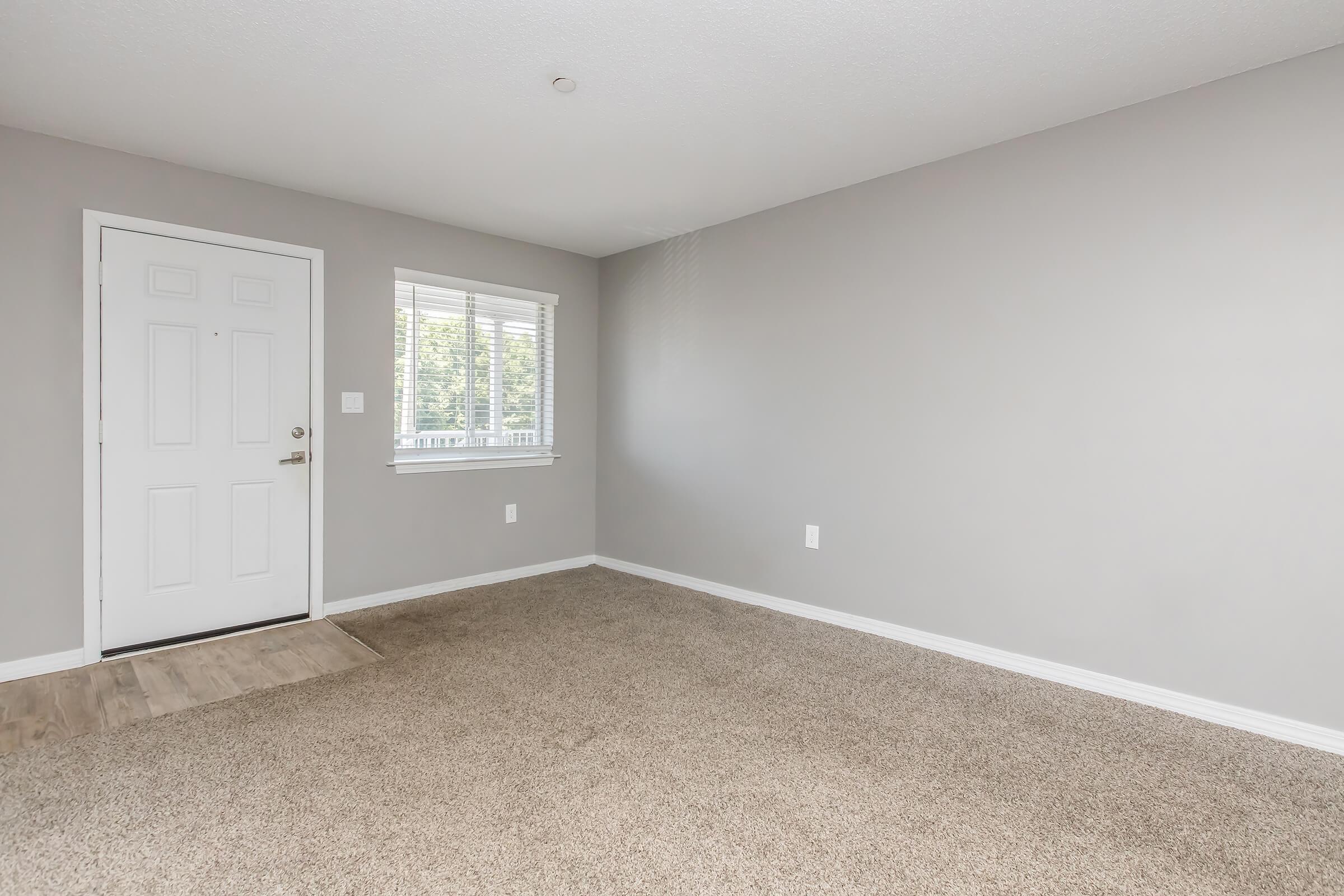 Empty room with light gray walls, a window with blinds, and a front door on the left. The floor is covered with light brown carpet, and there are no furnishings or decorations present. Natural light enters through the window, illuminating the space.
