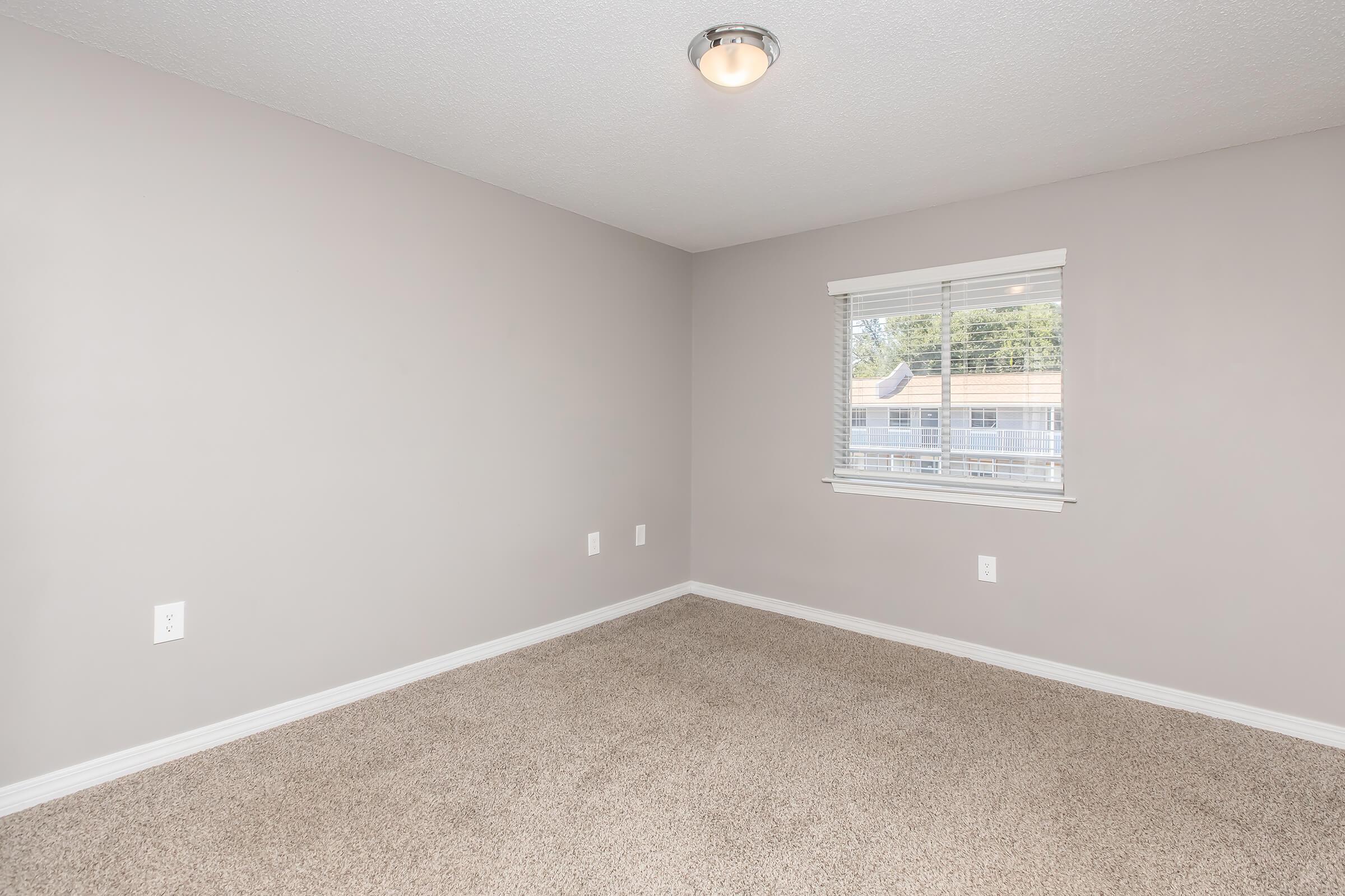 Empty room with light beige walls and carpet flooring. A single light fixture is on the ceiling. A window with white blinds allows natural light, showing a view of the outside. No furniture or decorations are present, creating a minimalist and spacious appearance.