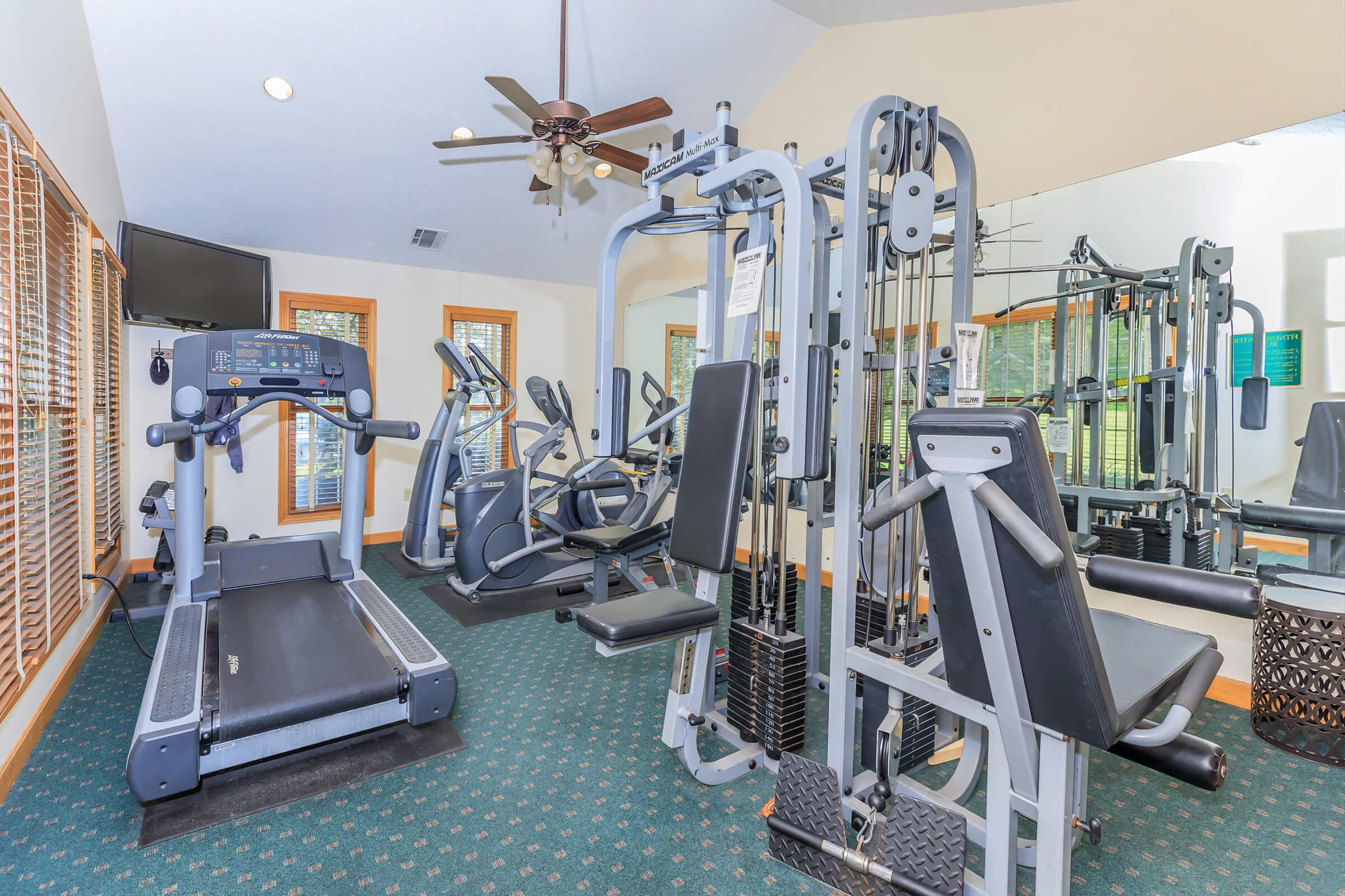 A well-equipped gym interior featuring a treadmill, elliptical machine, and multi-gym strength training equipment. The space has a ceiling fan and large windows allowing natural light, with a green carpet on the floor and mirrors reflecting the fitness equipment.