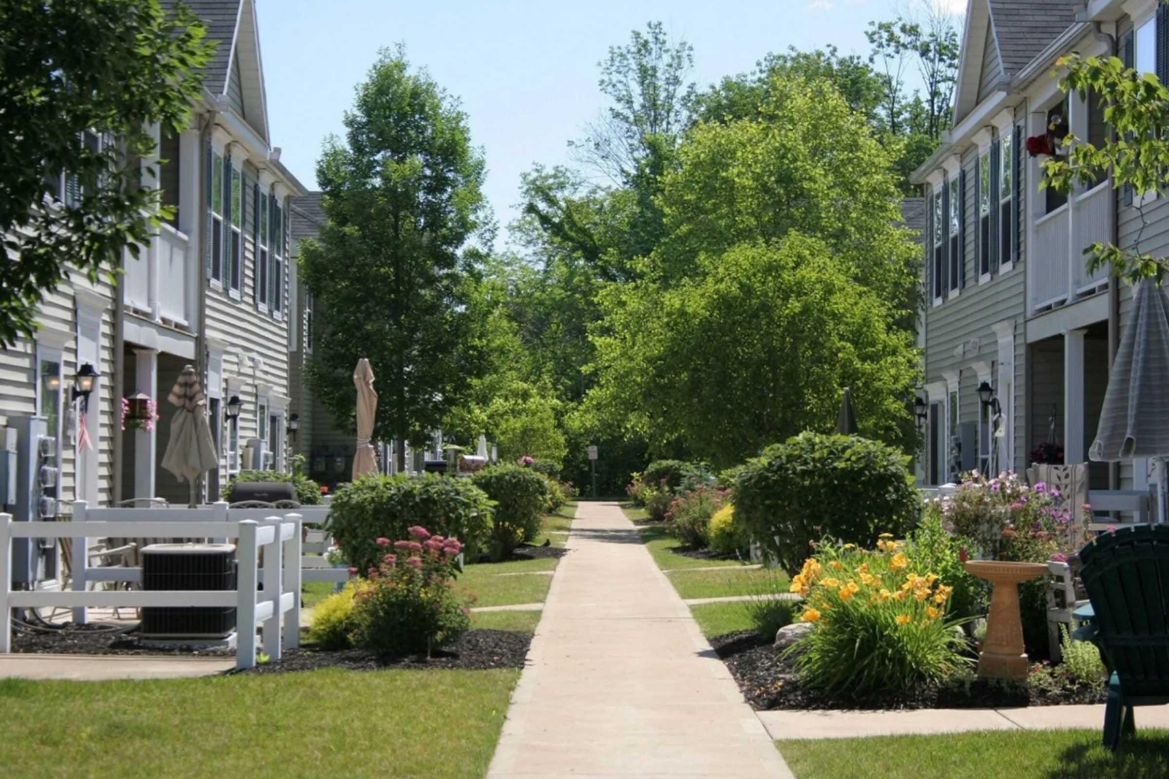 A peaceful neighborhood scene featuring a paved pathway lined with lush green trees and colorful flower beds. Charming houses with porches are visible on either side, creating a serene, inviting atmosphere for walking and enjoying nature.