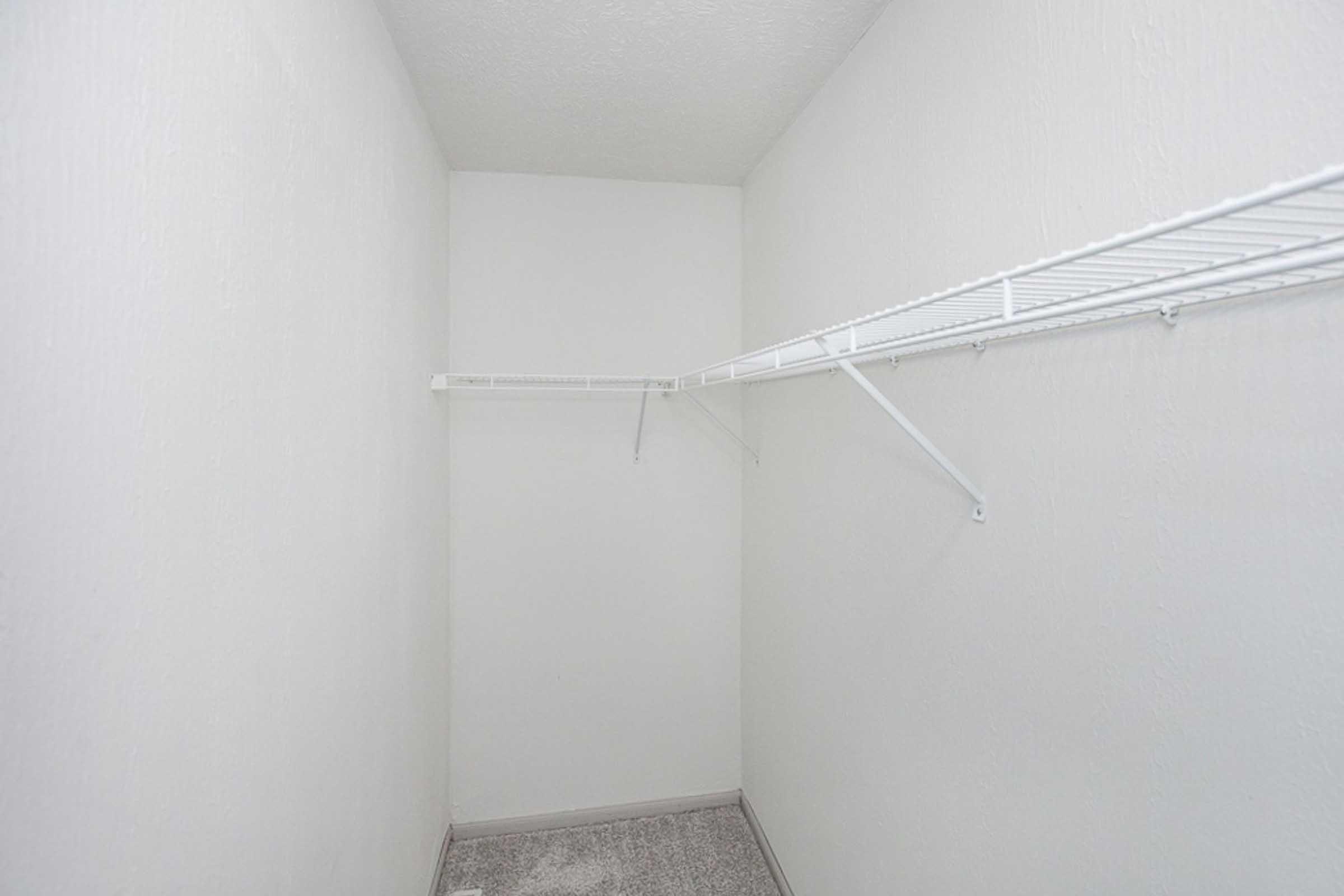 Empty closet with plain white walls, a light gray carpeted floor, and a single wire shelf installed on one wall, creating a minimalistic storage space.