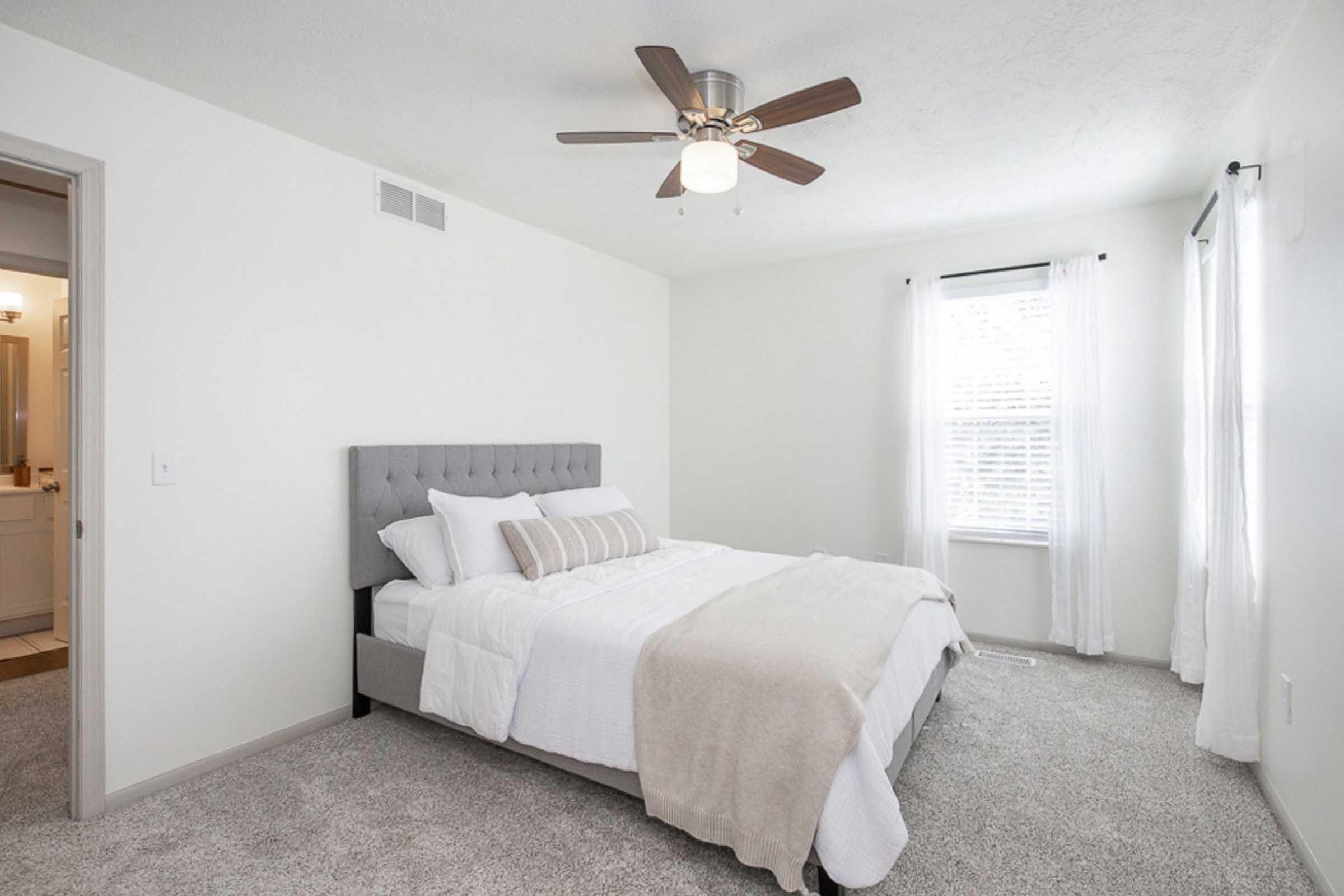 A modern bedroom featuring a gray upholstered bed with white bedding, a light-colored throw blanket, and a decorative pillow. A ceiling fan hangs above, and there are two windows with sheer white curtains letting in natural light. The room has a soft, neutral color scheme and carpeted flooring.