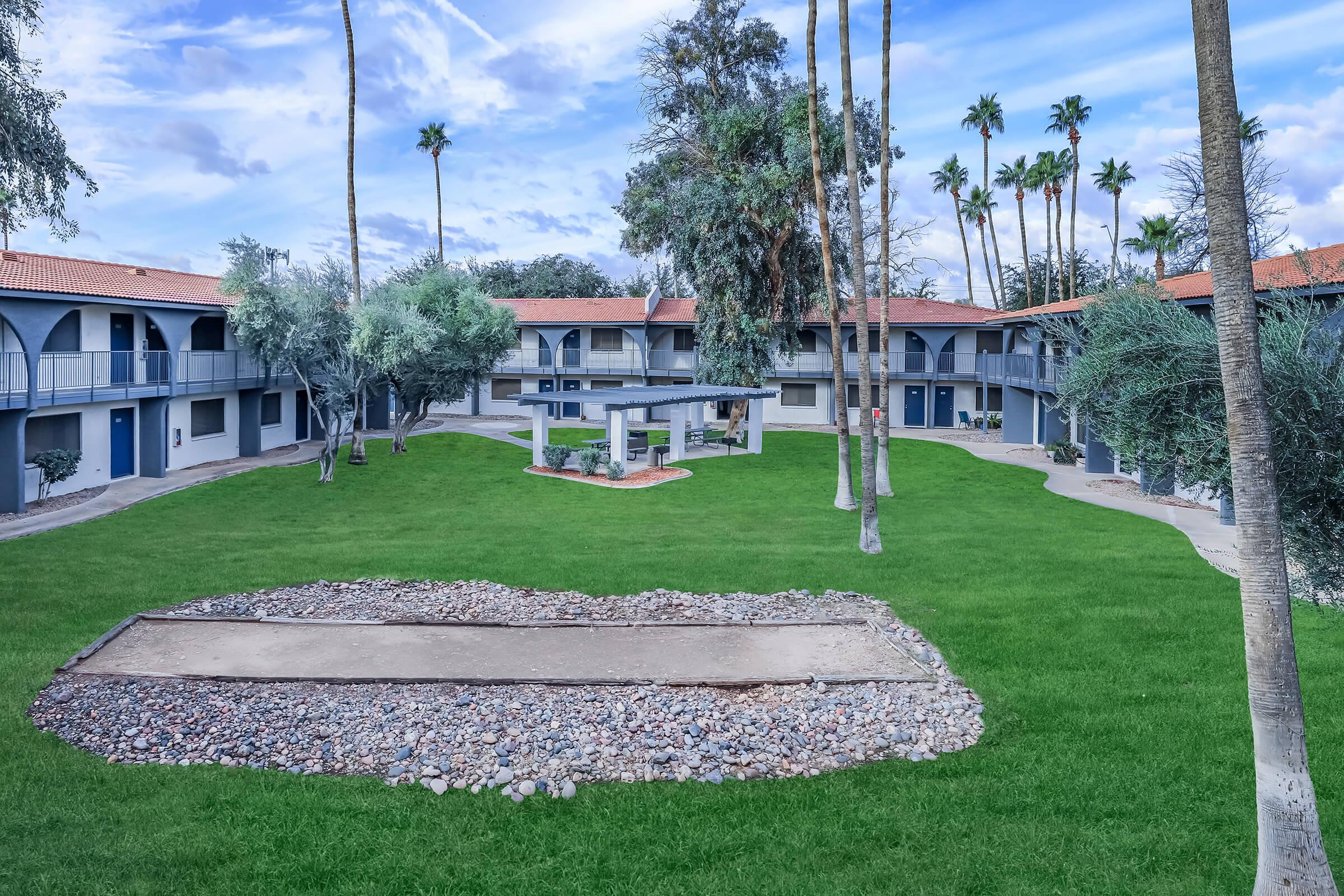 Apartment complex grass courtyard