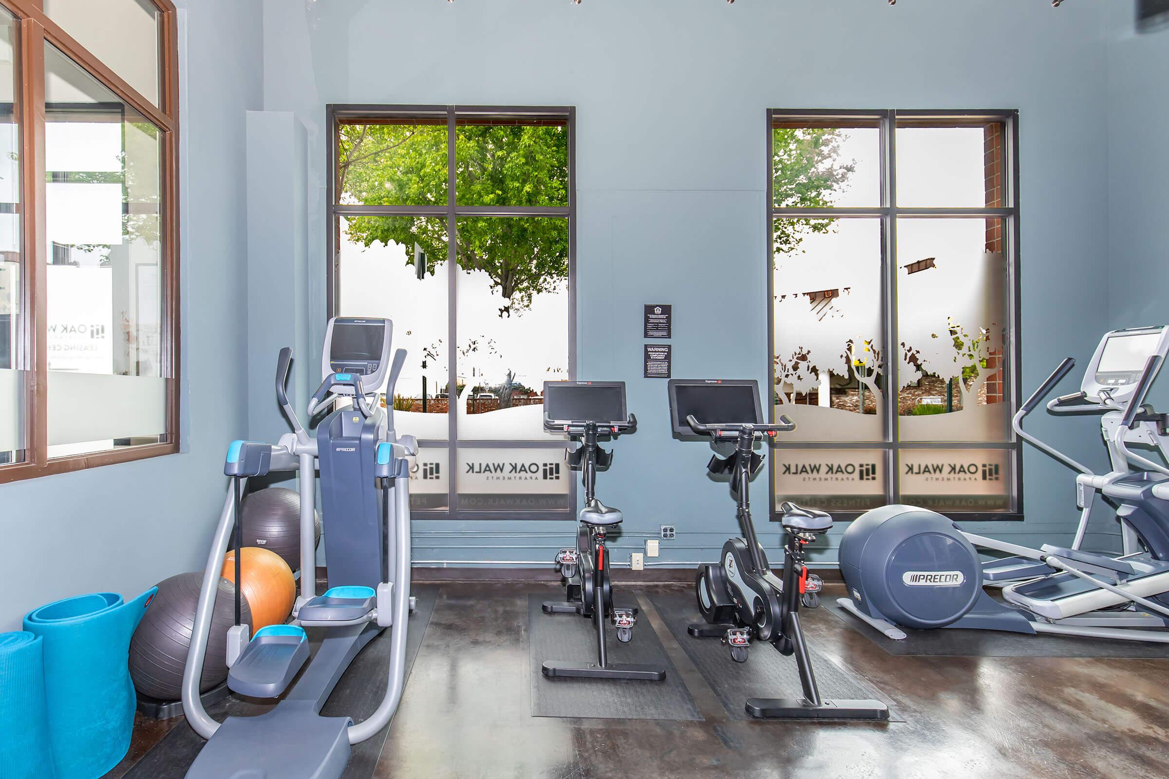 A modern gym interior featuring exercise equipment like stationary bikes, treadmills, and elliptical machines. Large windows allow natural light to enter, showing green trees outside. The floor has a polished finish, and there are exercise balls and mats in the space, creating an inviting workout environment.
