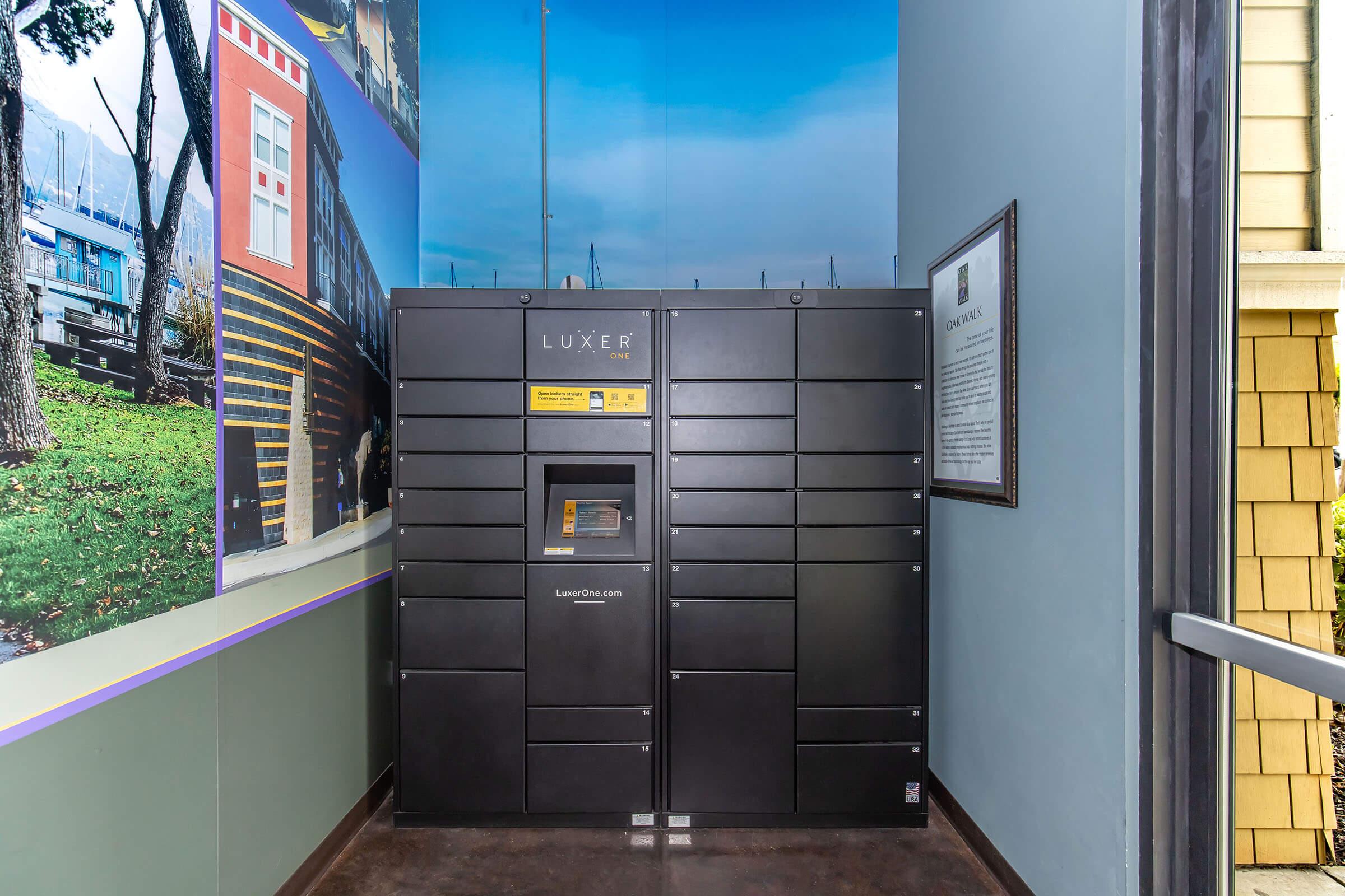 A black delivery locker located in a hallway, surrounded by colorful wall murals depicting boats and a scenic view. The locker features a digital interface for users to retrieve packages, with several compartments for secure storage.