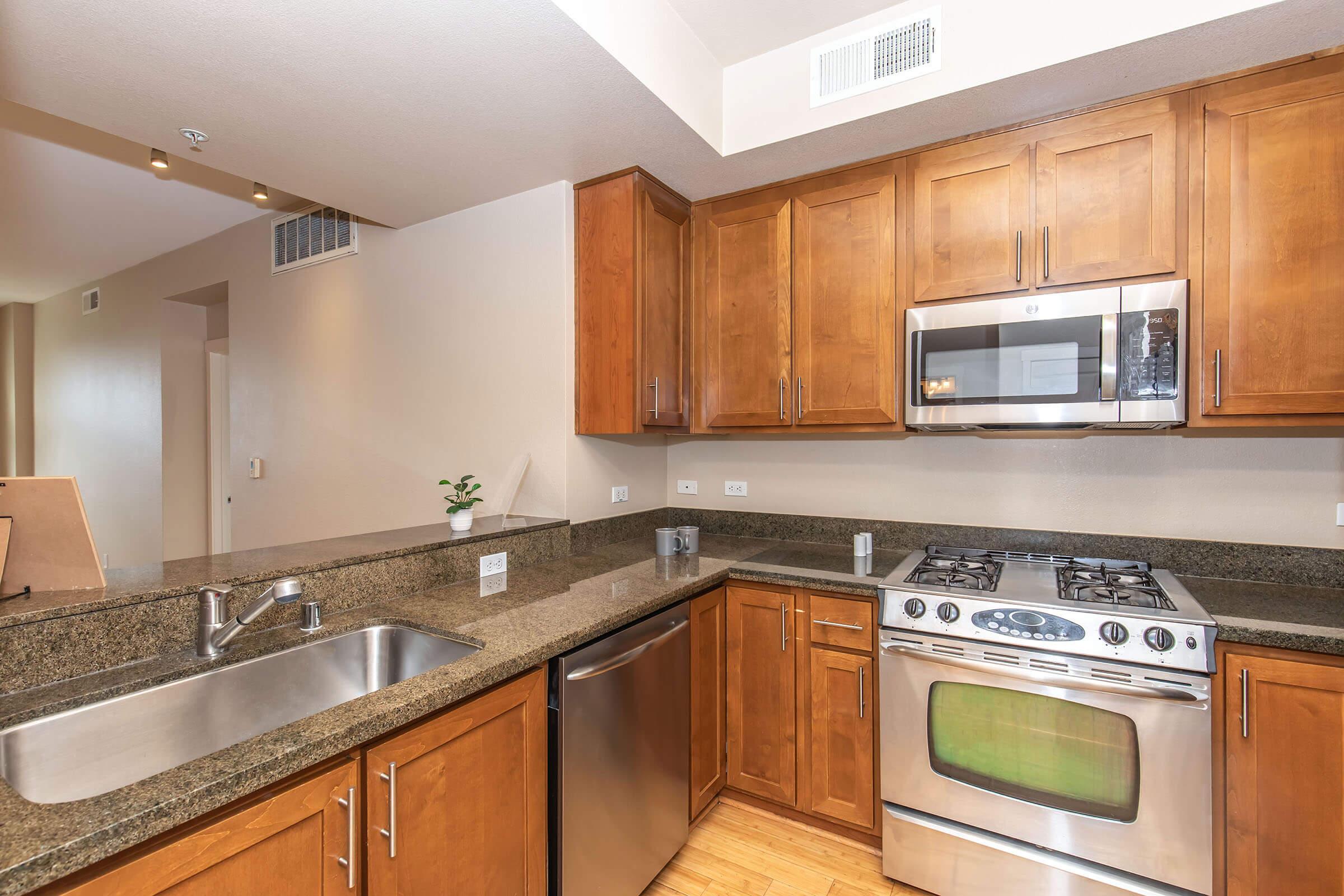 Modern kitchen featuring dark wood cabinets, stainless steel appliances, including a microwave and gas stove. The countertop is made of dark granite, and there's a stainless steel sink. The space is well-lit, with a light-colored wall and a small plant on the countertop for decoration.