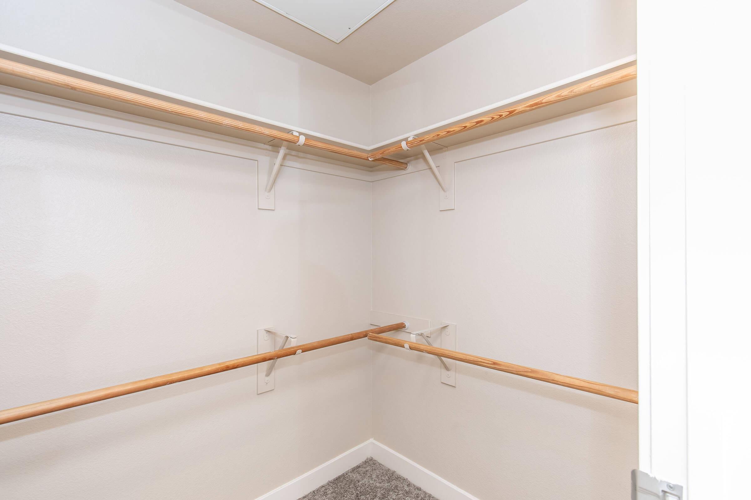 A vacant walk-in closet featuring light-colored walls and a plush gray carpet. There are two wooden hanging rods mounted on the walls for clothes storage, and the space is well-lit with a ceiling light fixture. The closet is empty, showcasing the available storage options.