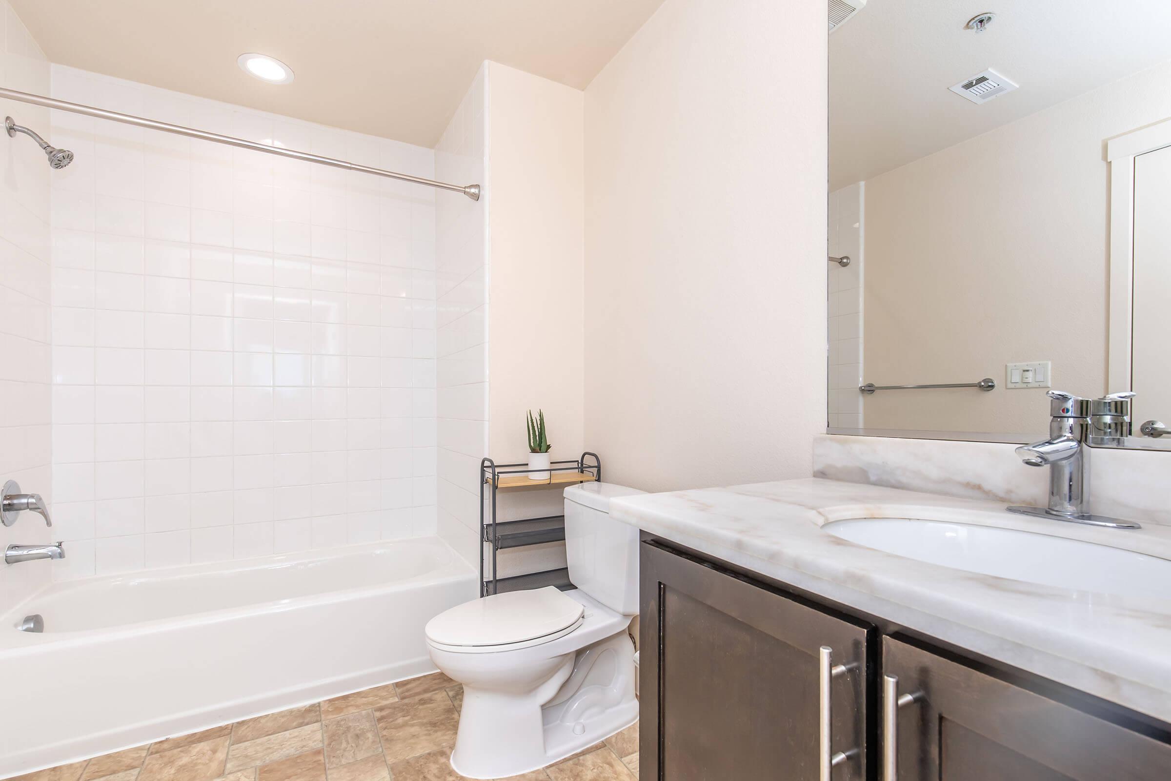 A clean, modern bathroom featuring a white bathtub with a shower, a sleek countertop with a sink, a mirror, and a small shelving unit with a plant. The walls are light-colored, and the floor has a neutral tile design, creating a bright and spacious atmosphere.