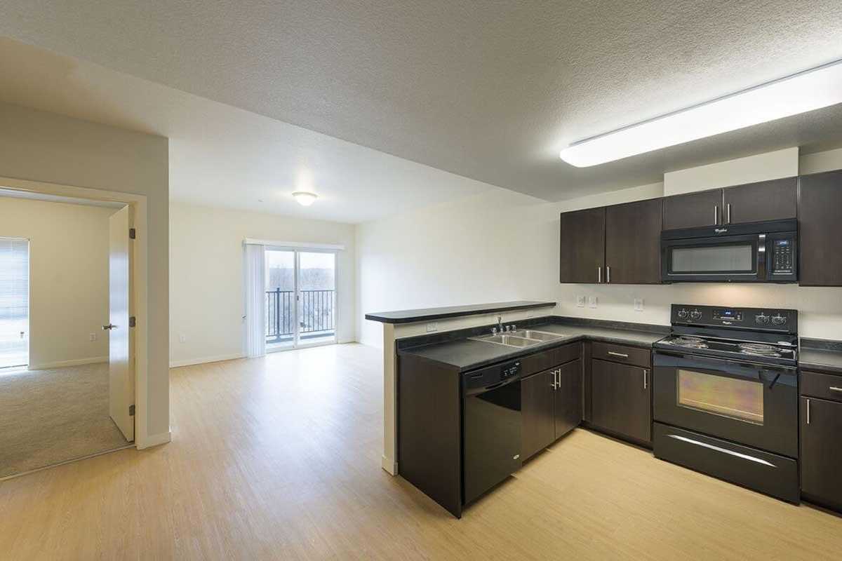 Modern kitchen area with dark cabinets, a black stove, and microwave. An open layout connects to a living space with natural light coming from a large sliding door. The floor features light-colored vinyl, and there is a doorway leading to another room, creating a spacious and inviting atmosphere.